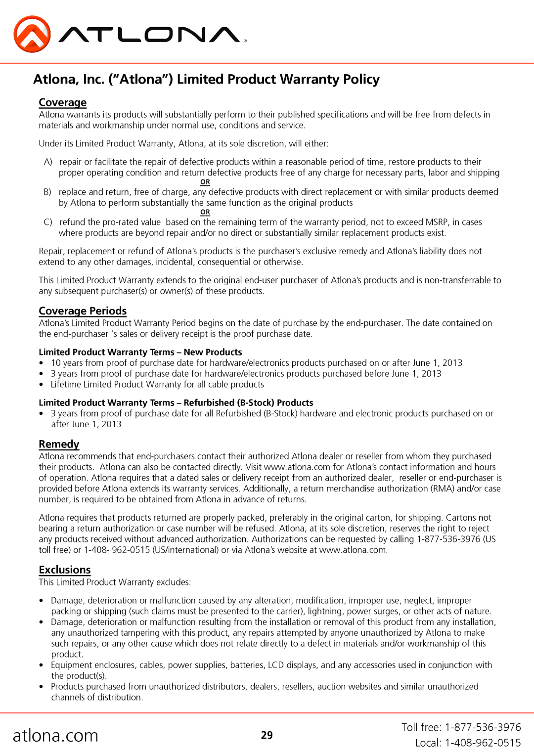 Atlona AT-H2H-44M, AT-H2H-88M user manual Atlona, Inc. Atlona Limited Product Warranty Policy, Coverage 