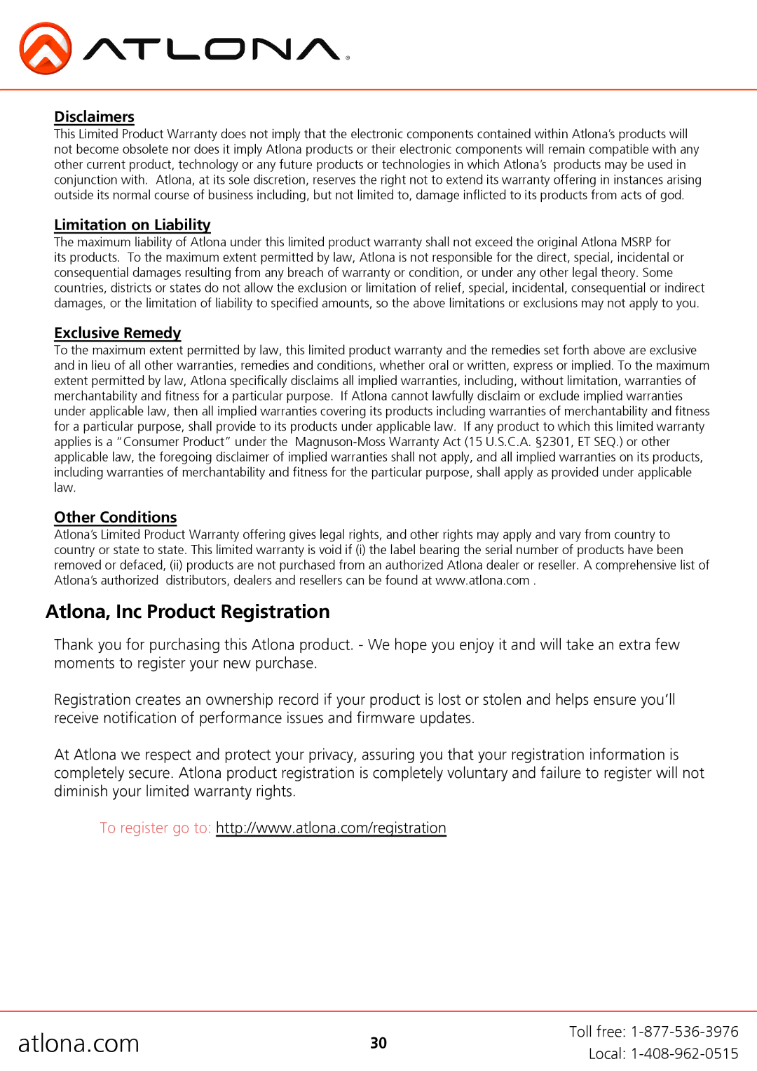 Atlona AT-H2H-88M, AT-H2H-44M user manual Atlona, Inc Product Registration, Disclaimers 