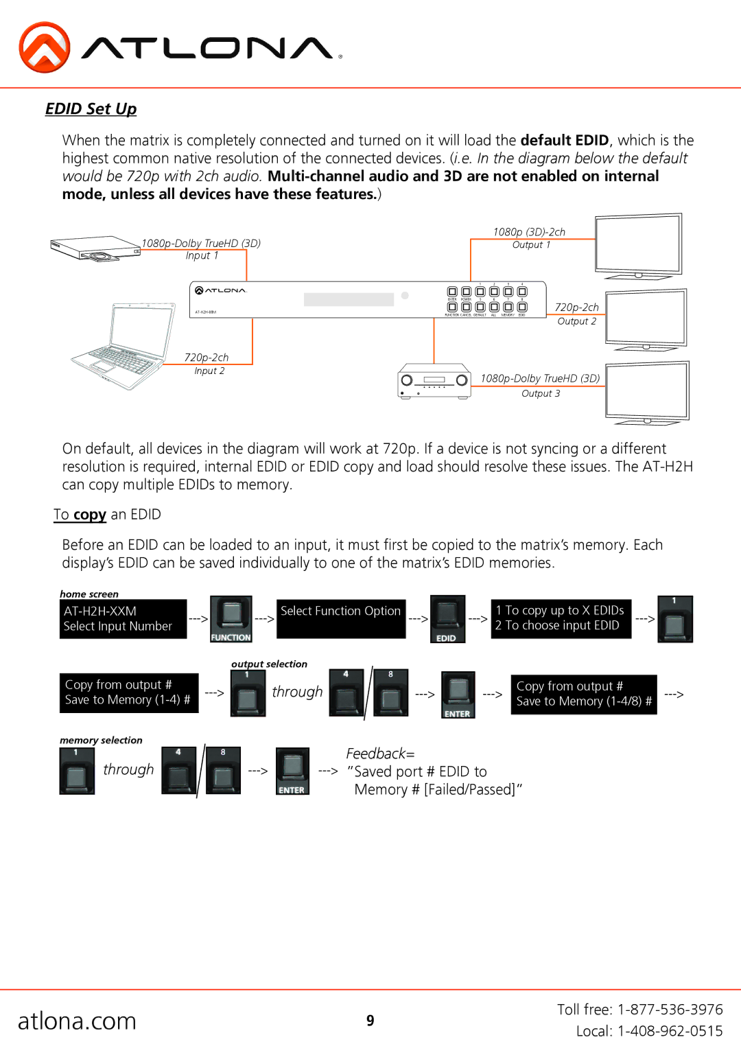 Atlona AT-H2H-44M, AT-H2H-88M user manual Edid Set Up 