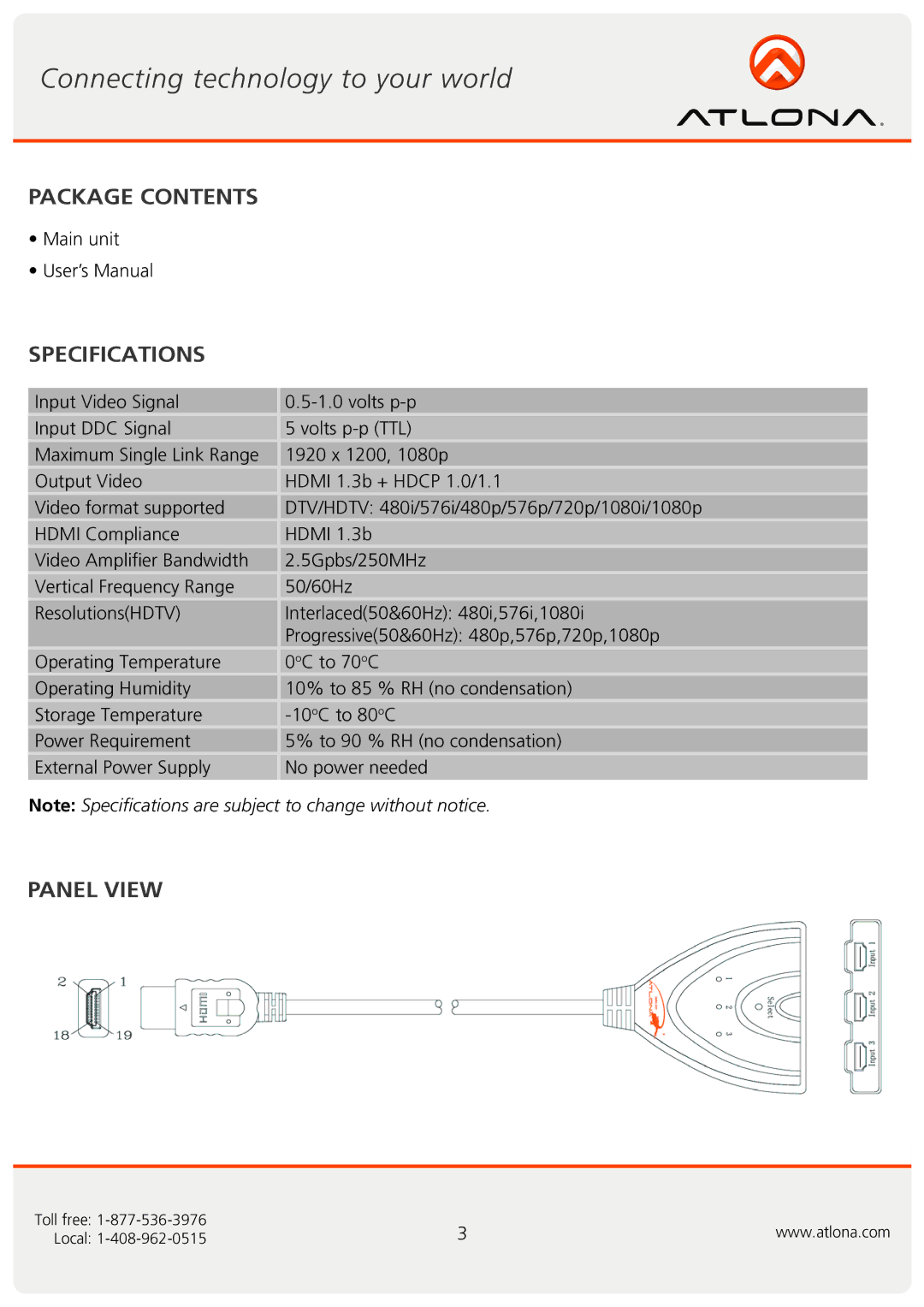 Atlona AT-HAD-V31 user manual Package Contents, Specifications, Panel View 