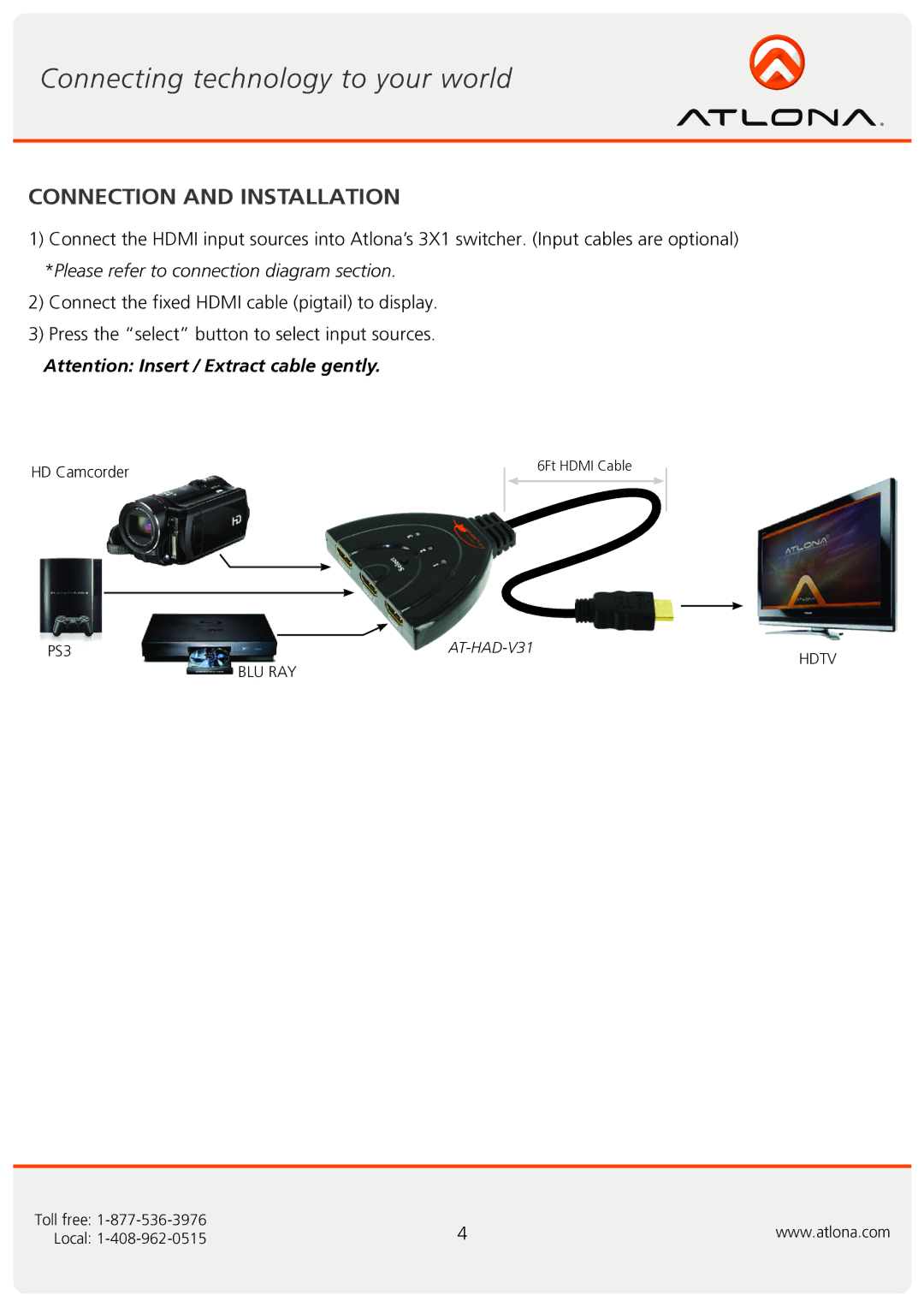 Atlona AT-HAD-V31 user manual Connection and Installation 