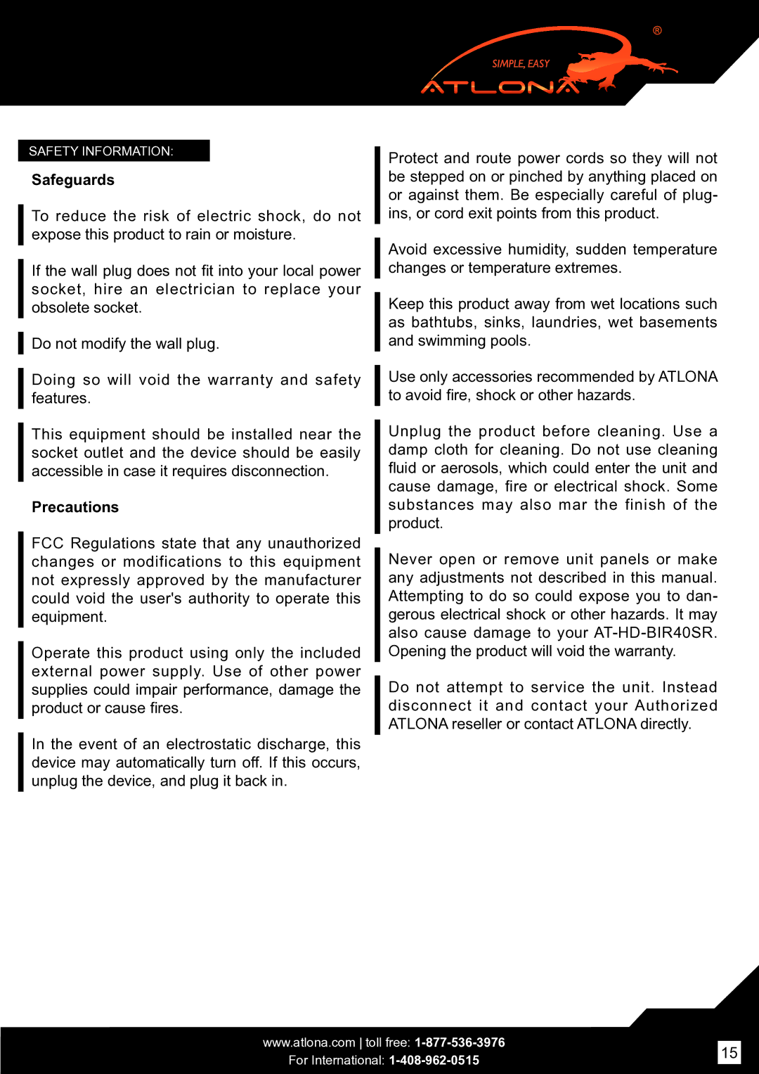 Atlona AT-HD-BIR40SR user manual Safeguards, Precautions 