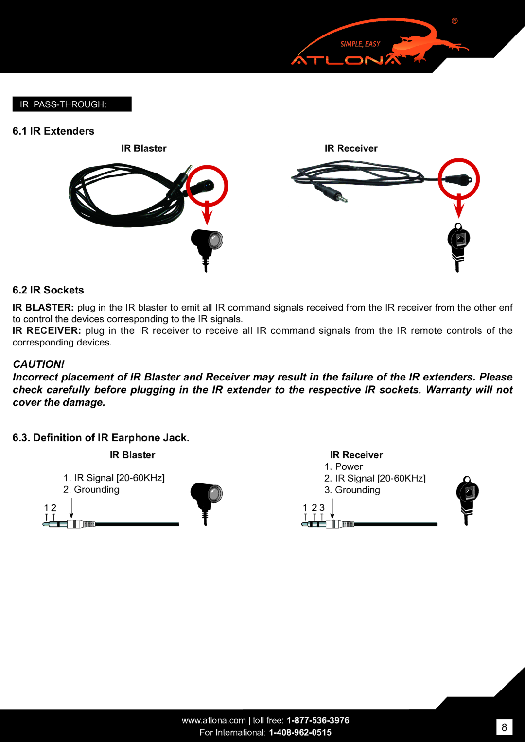 Atlona AT-HD-BIR40SR user manual IR Extenders, IR Sockets, Definition of IR Earphone Jack 