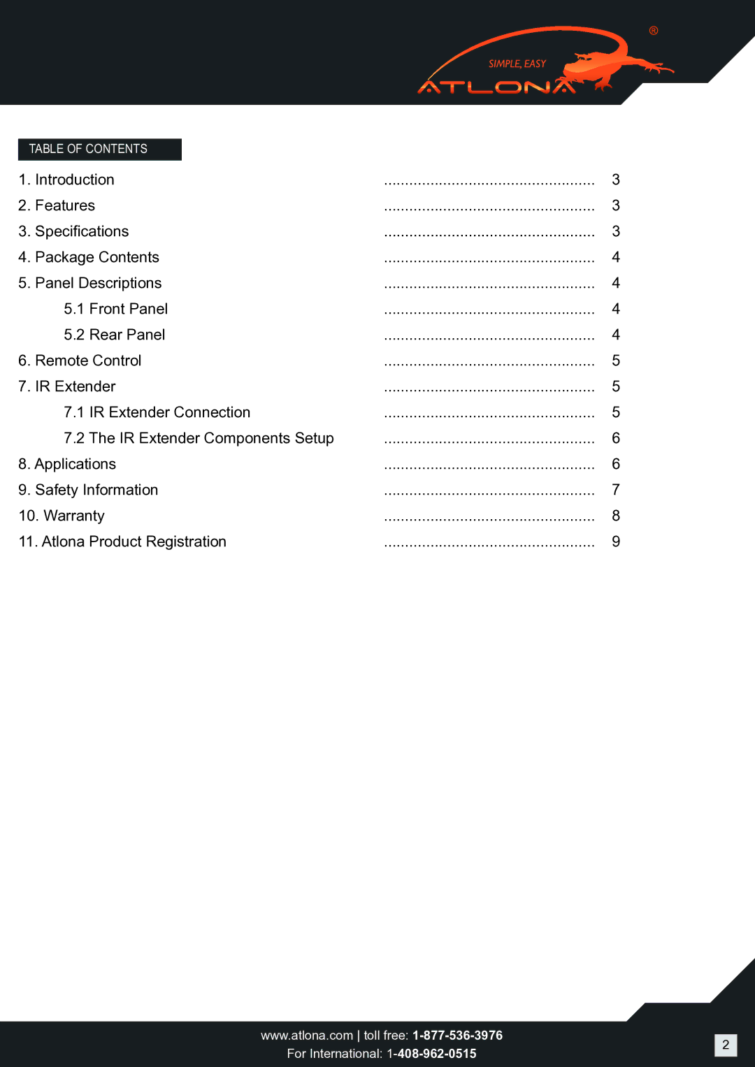 Atlona AT-HD-V112 user manual Table of Contents 