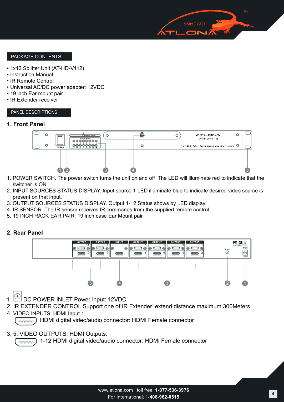 Atlona AT-HD-V112 user manual Front Panel 