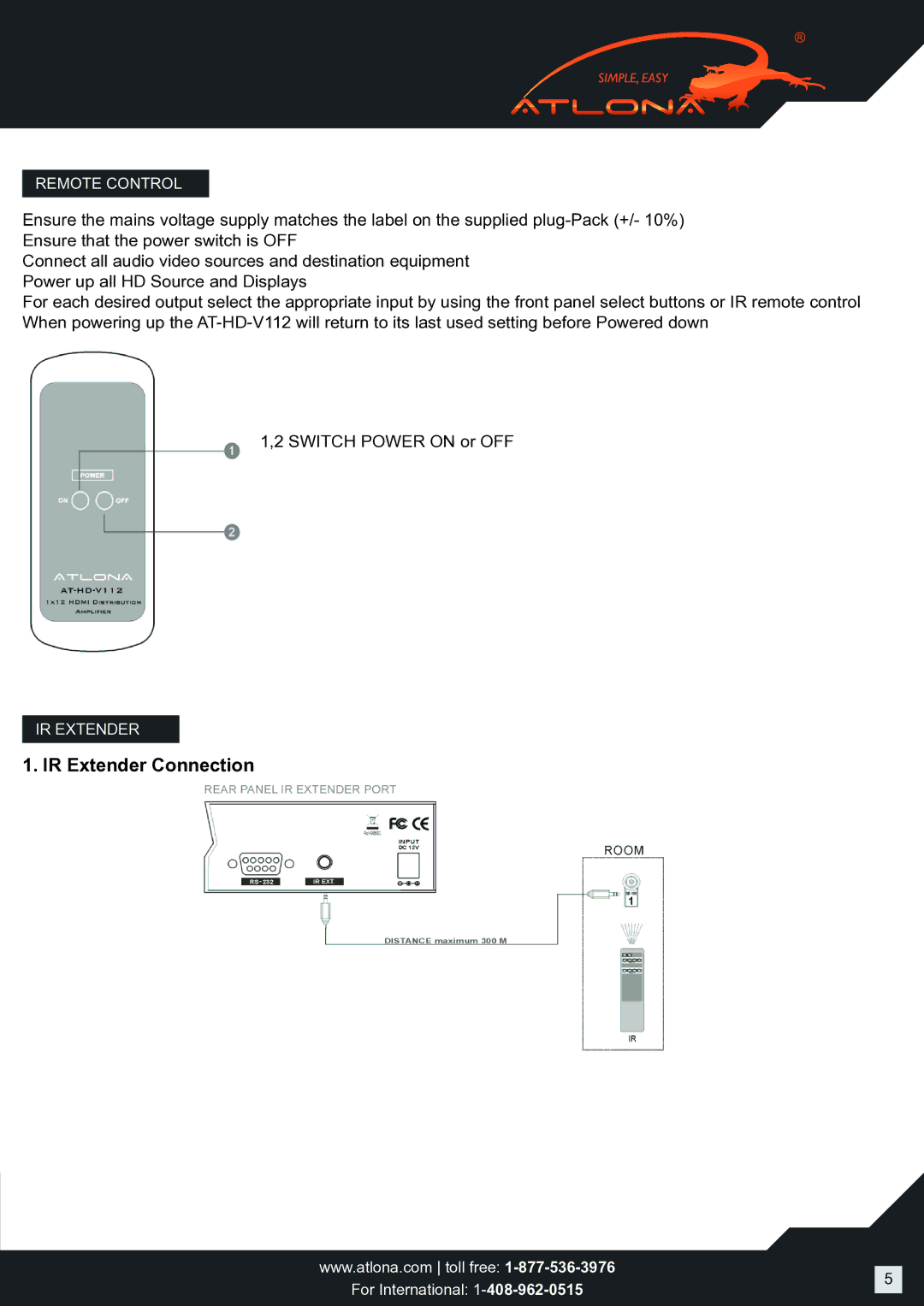 Atlona AT-HD-V112 user manual IR Extender Connection 