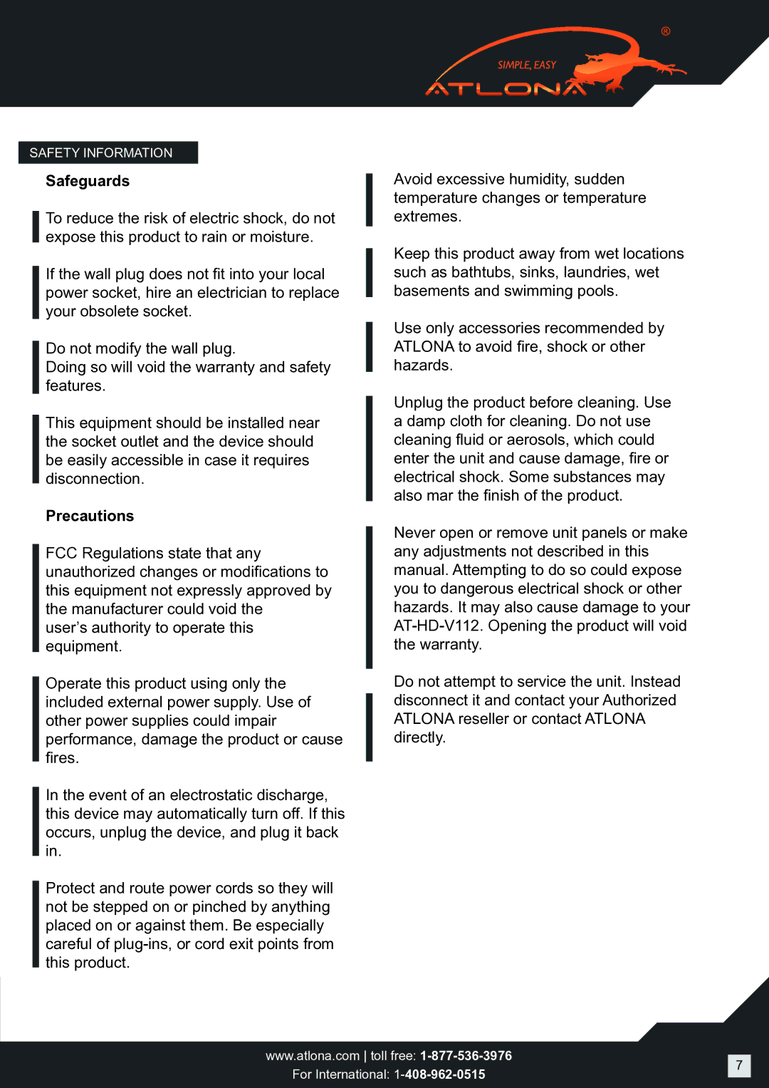 Atlona AT-HD-V112 user manual Safeguards 