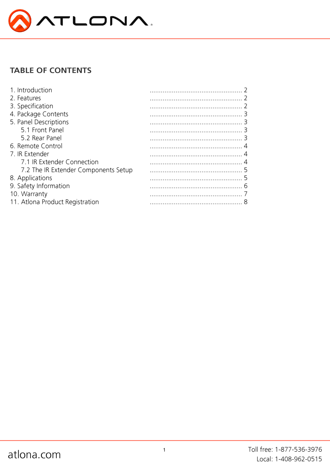 Atlona AT-HD-V116 user manual Table Of Contents 
