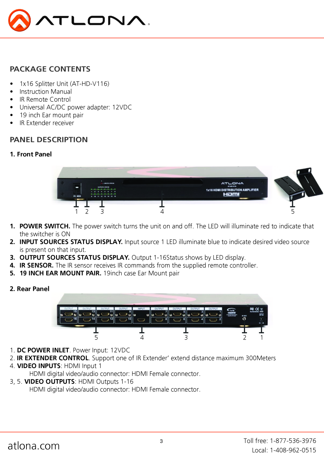 Atlona AT-HD-V116 user manual Package Contents, Panel Description, Front Panel, Rear Panel 