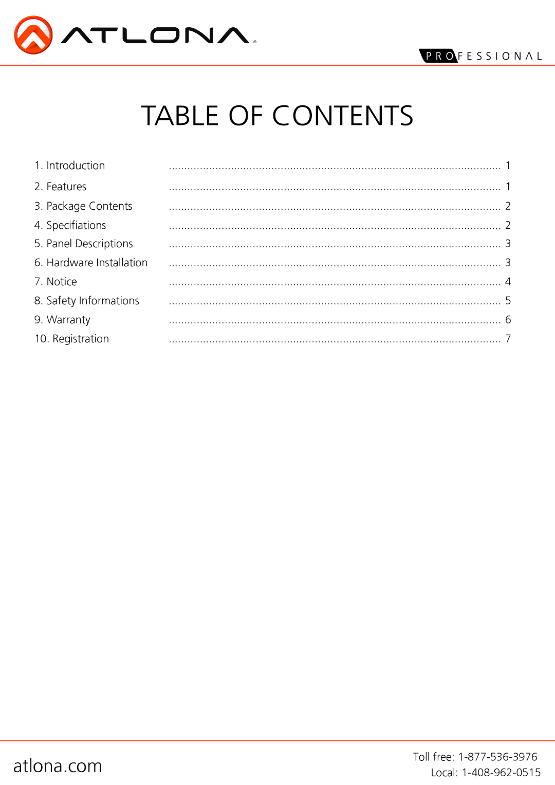 Atlona AT-HD-V14 user manual Table of Contents 