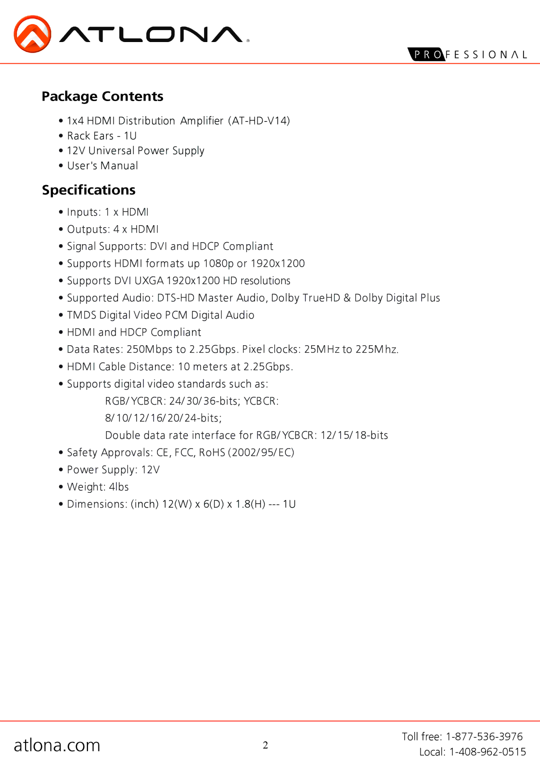 Atlona AT-HD-V14 user manual Package Contents, Specifications 