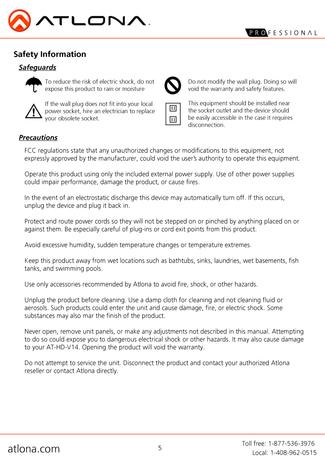 Atlona AT-HD-V14 user manual Safety Information, Safeguards 