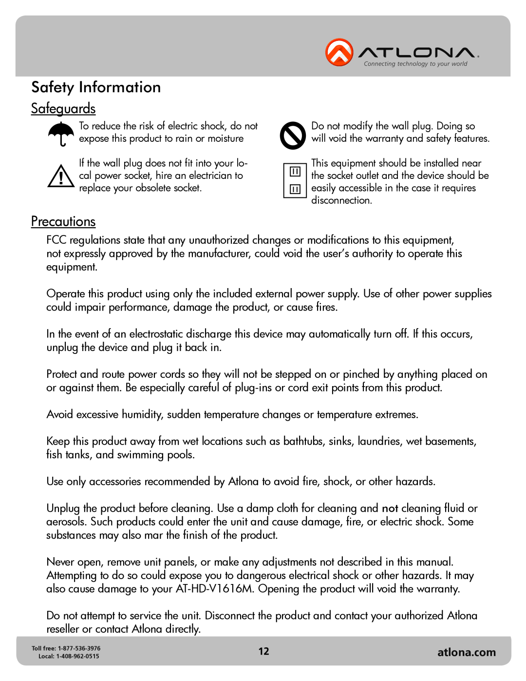 Atlona AT-HD-V1616M user manual Safeguards, Precautions, Safety Information, atlona.com 
