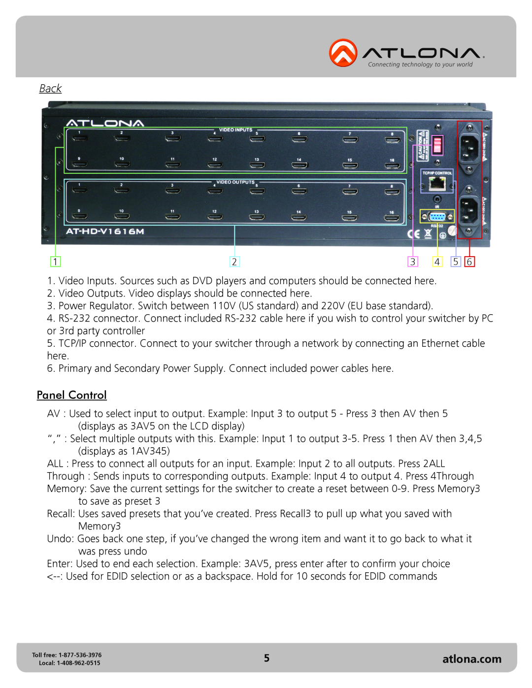 Atlona AT-HD-V1616M user manual Back, Panel Control, atlona.com 