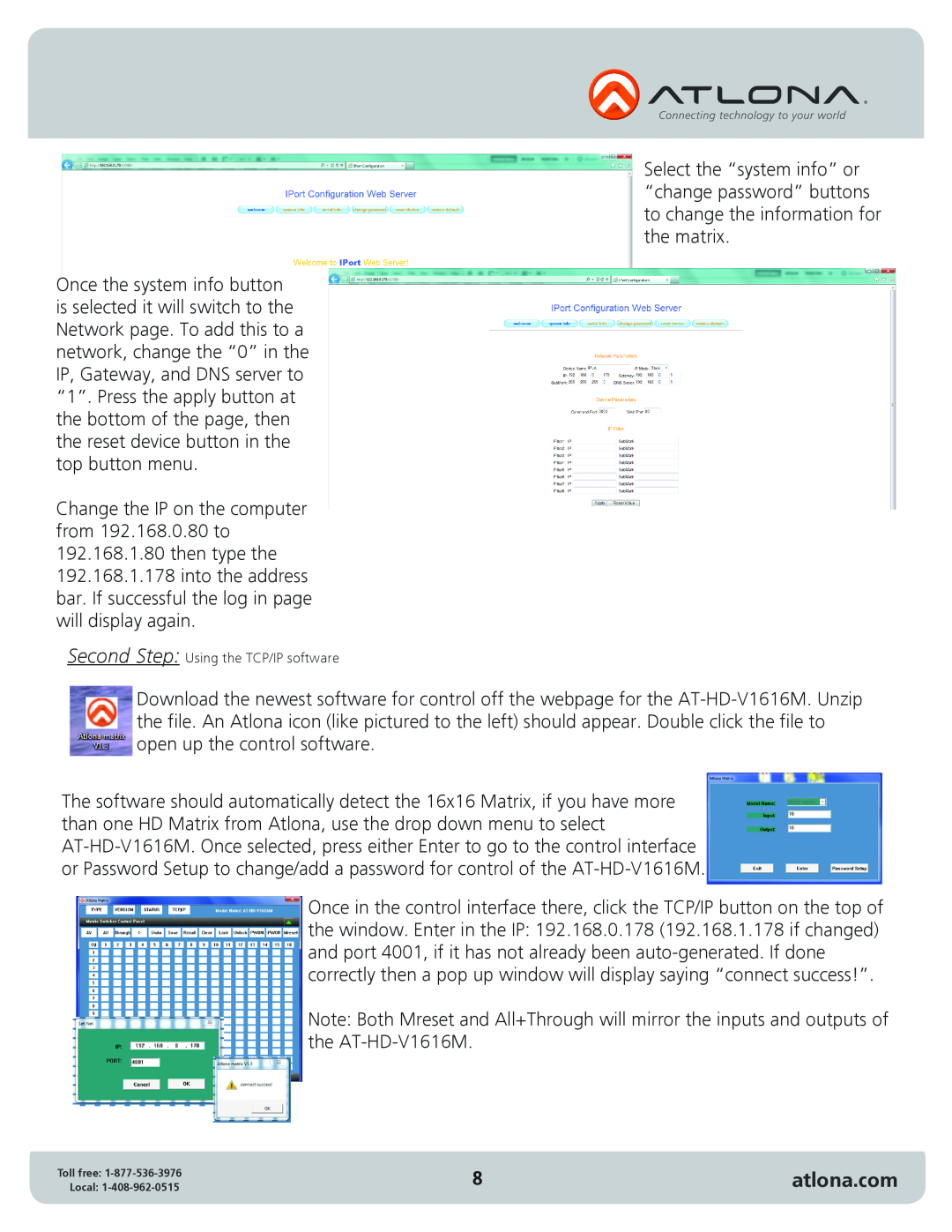 Atlona AT-HD-V1616M user manual atlona.com, Second Step Using the TCP/IP software 