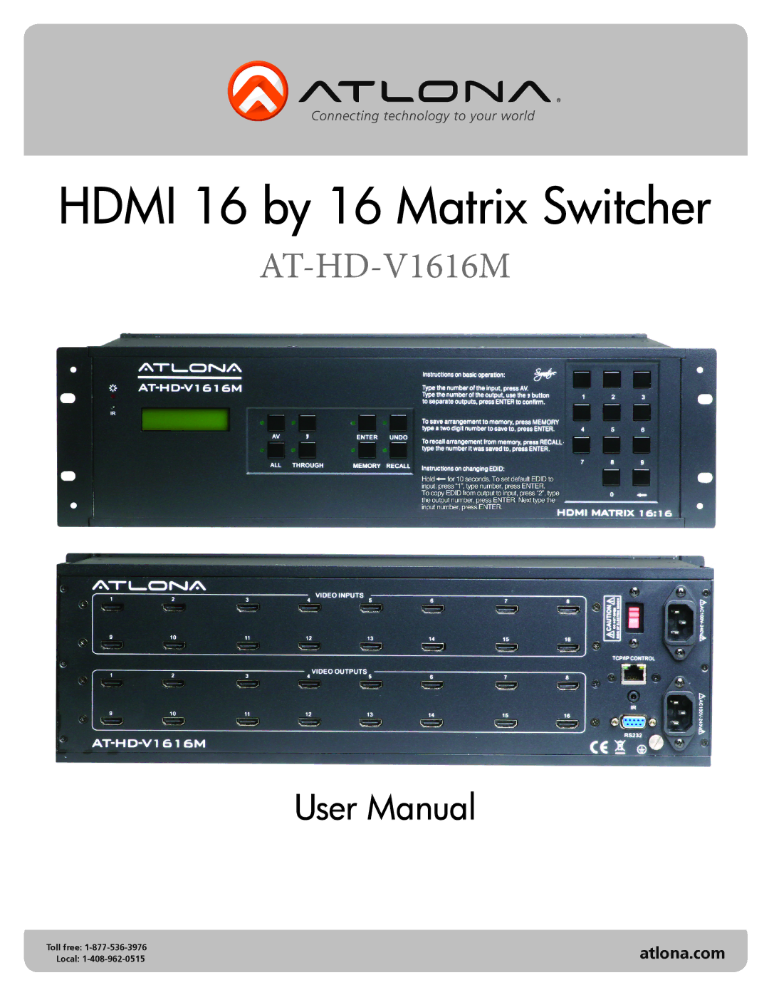 Atlona AT-HD-V1616M user manual Hdmi 16 by 16 Matrix Switcher 