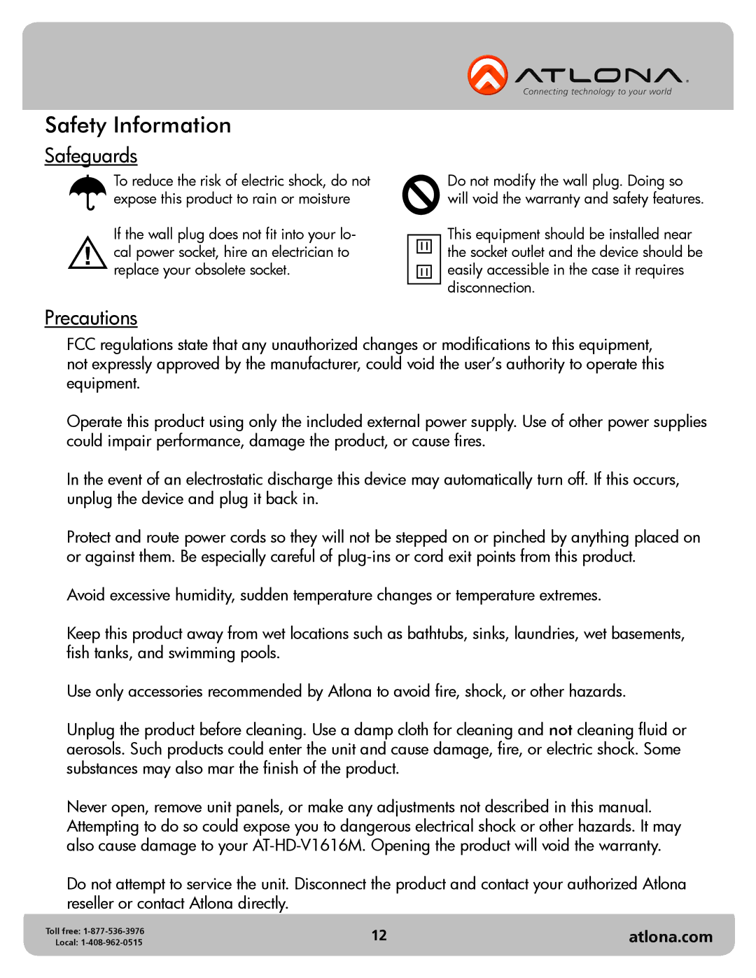 Atlona AT-HD-V1616M user manual Safety Information 