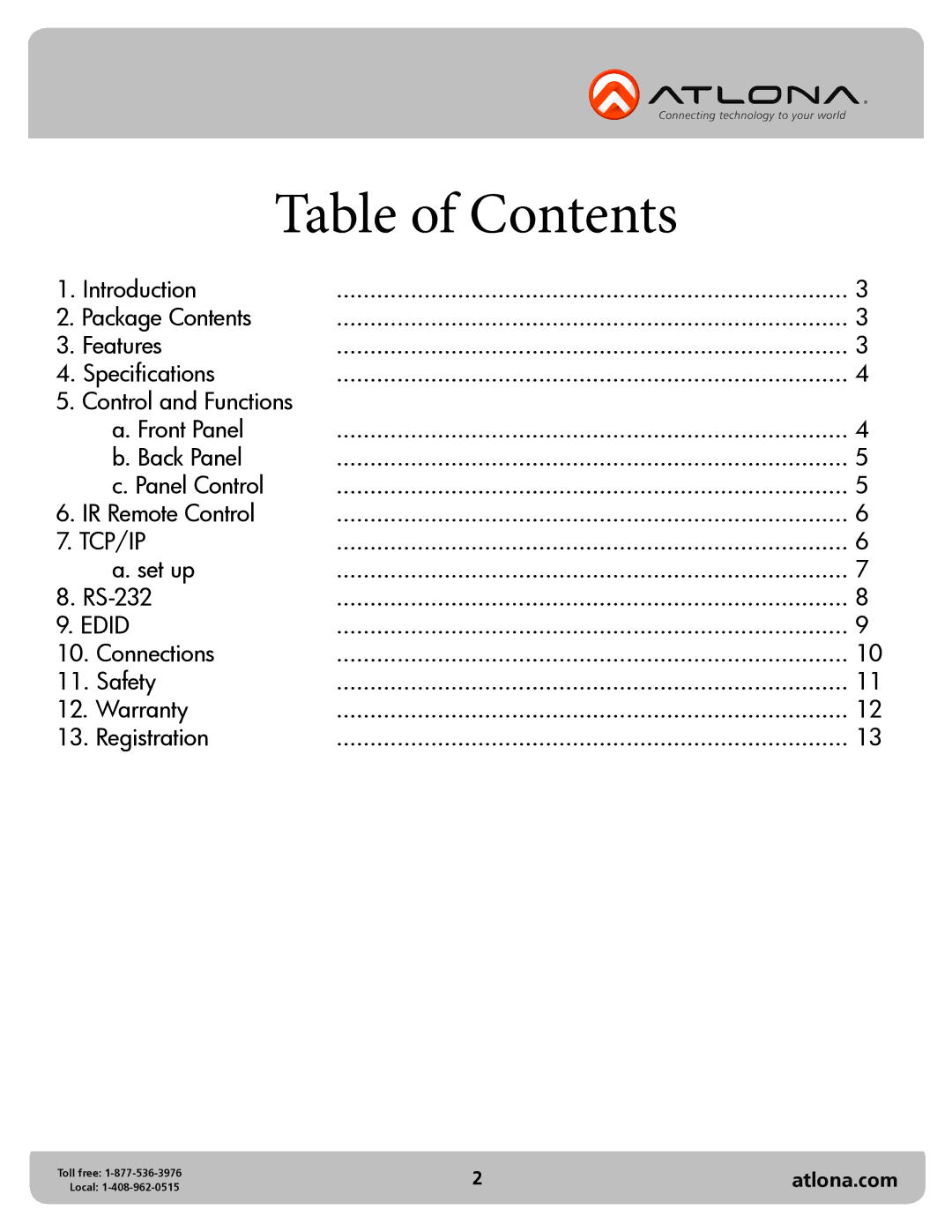 Atlona AT-HD-V1616M user manual Table of Contents 