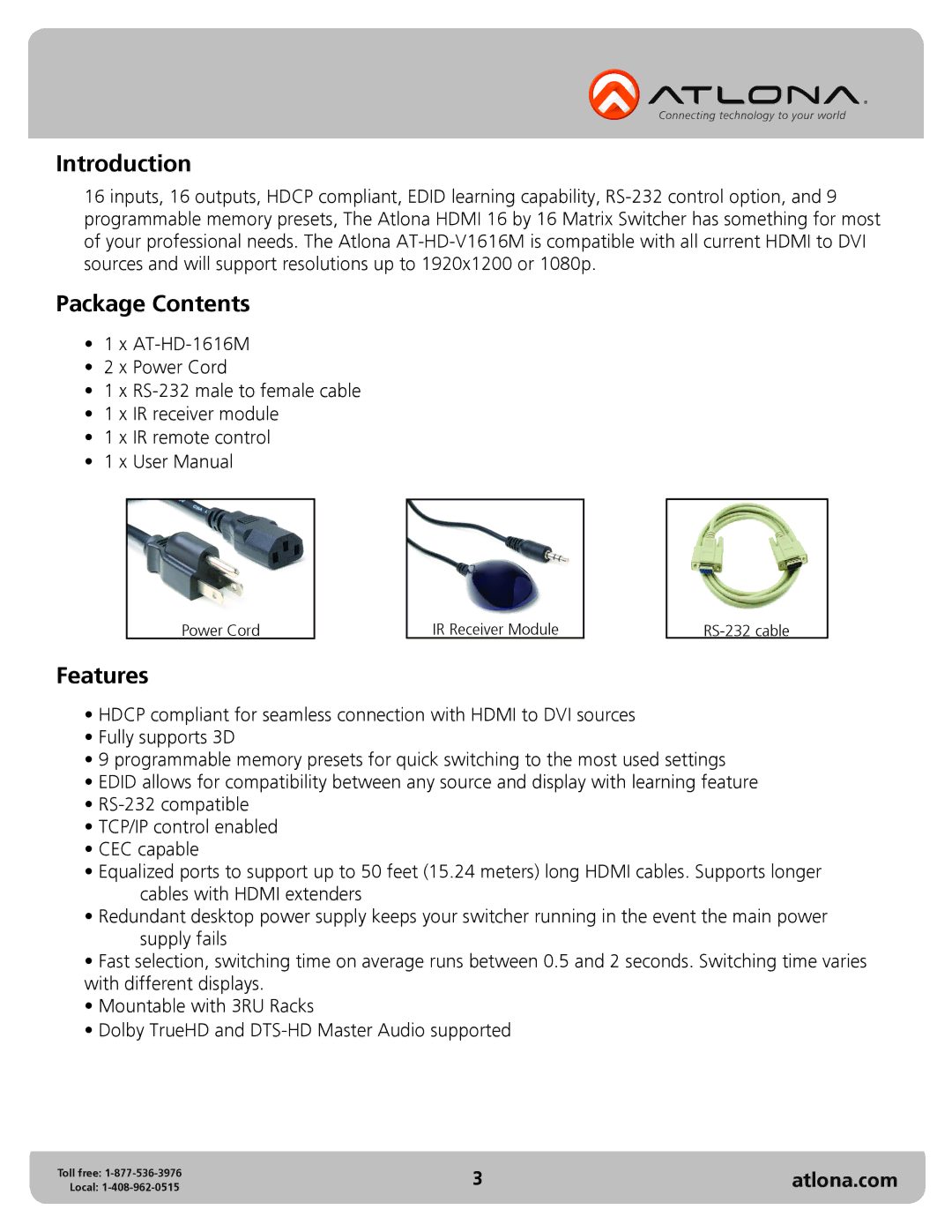 Atlona AT-HD-V1616M user manual Introduction, Package Contents, Features 