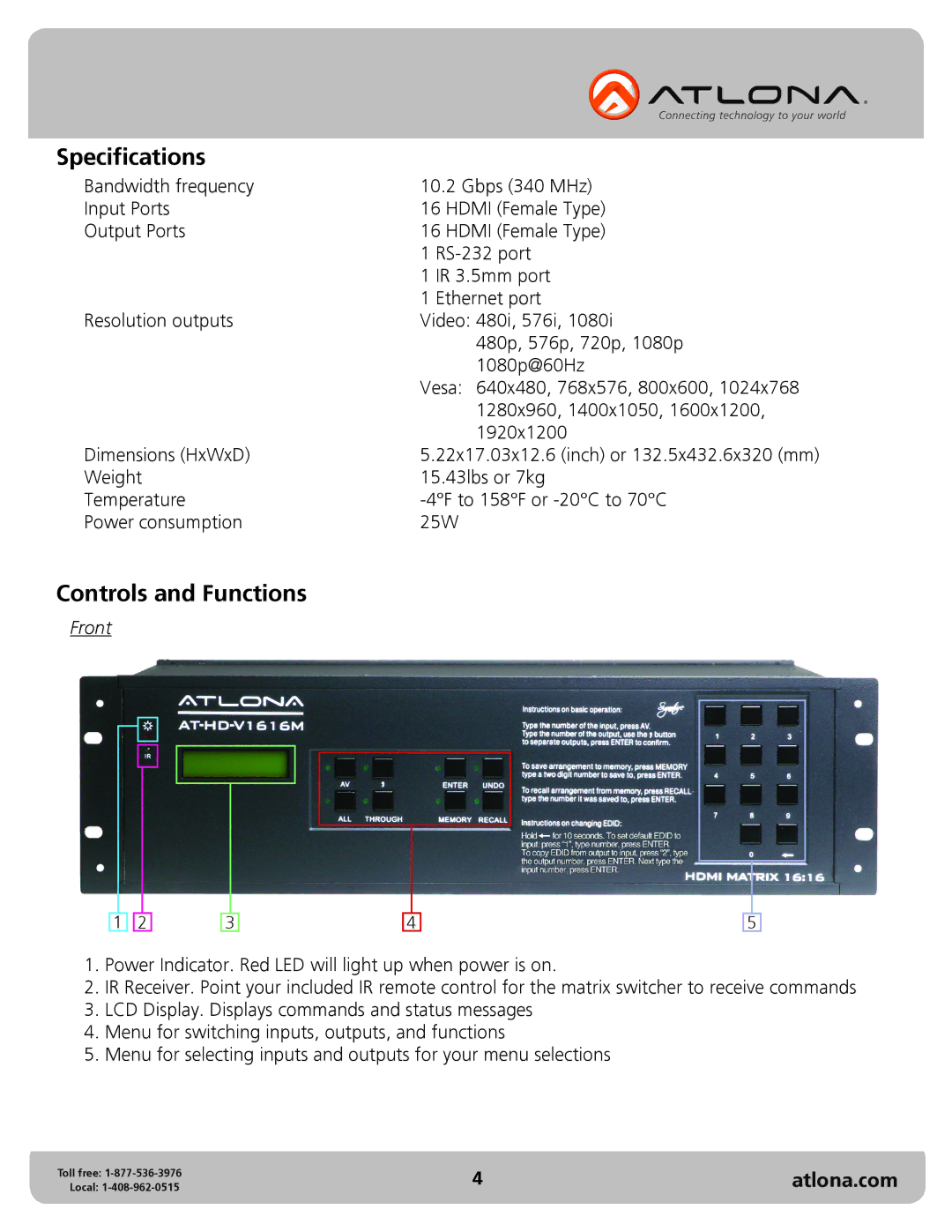 Atlona AT-HD-V1616M user manual Specifications, Controls and Functions 