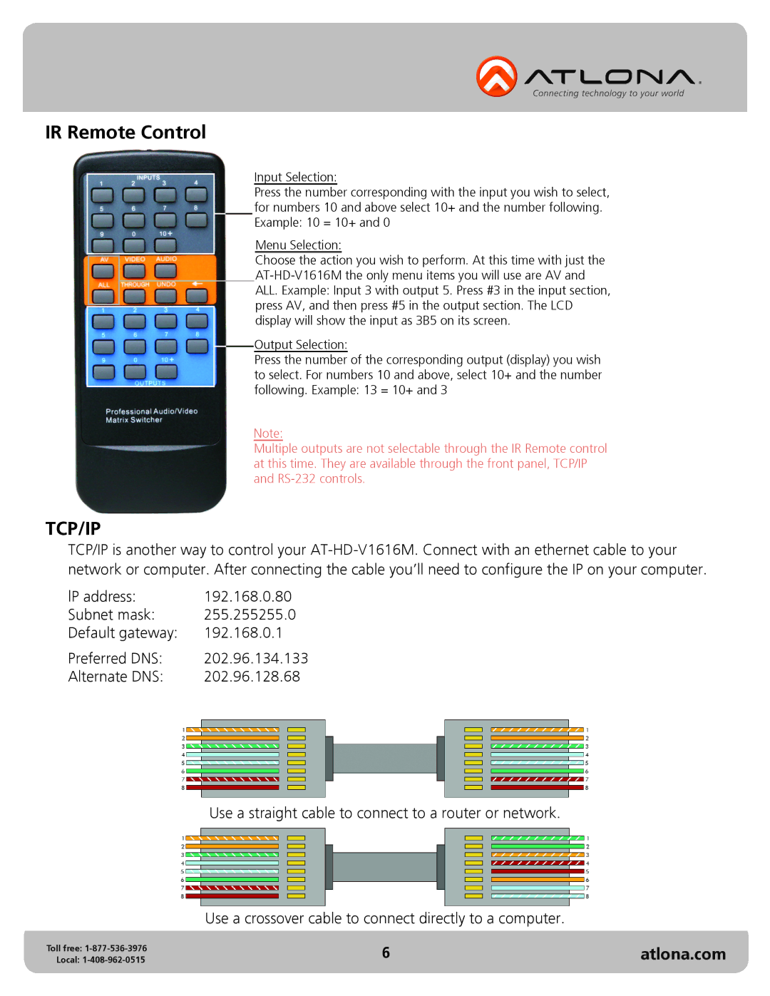 Atlona AT-HD-V1616M user manual IR Remote Control, Tcp/Ip 