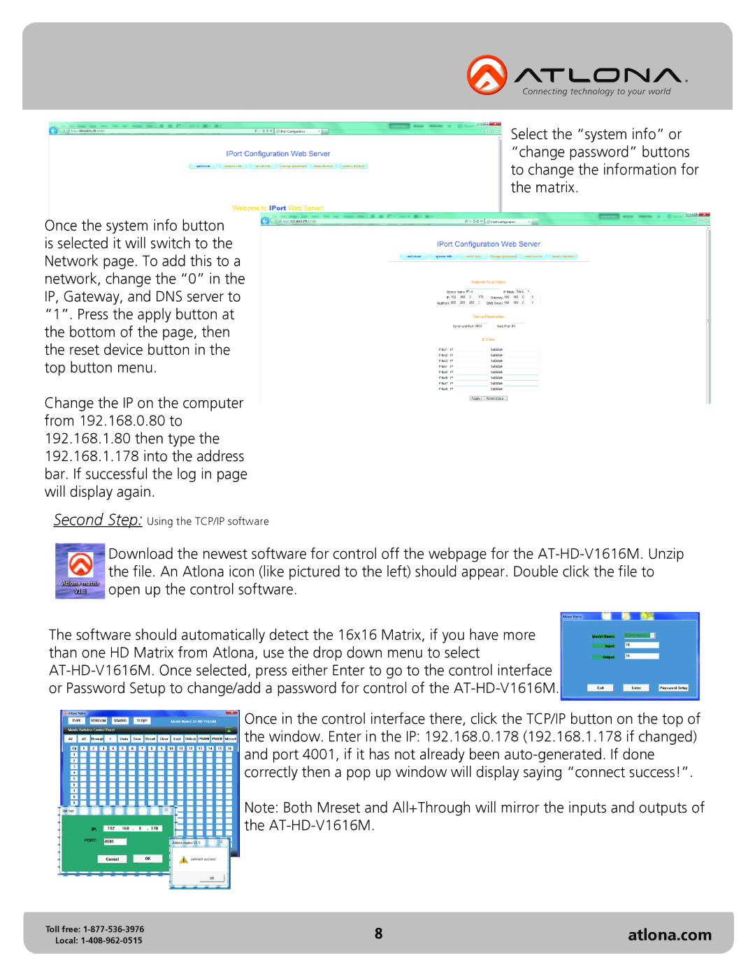 Atlona AT-HD-V1616M user manual Second Step Using the TCP/IP software 