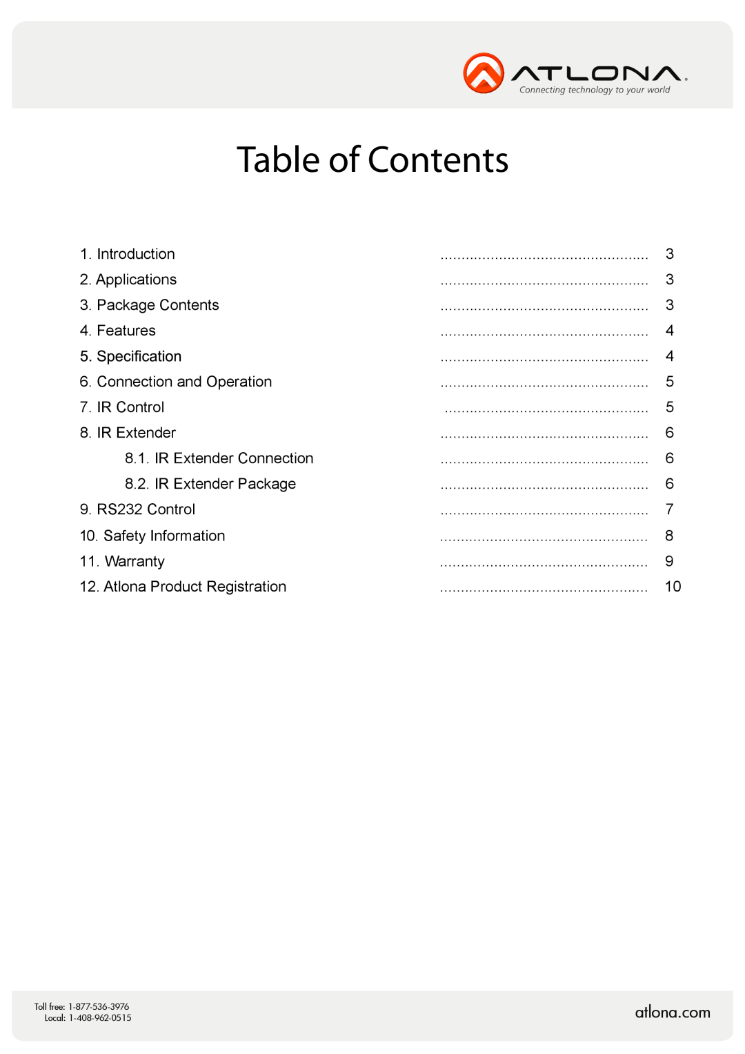 Atlona AT-HD-V16x2, AT-HD-V12x2 user manual atlona.com, Table of Contents 