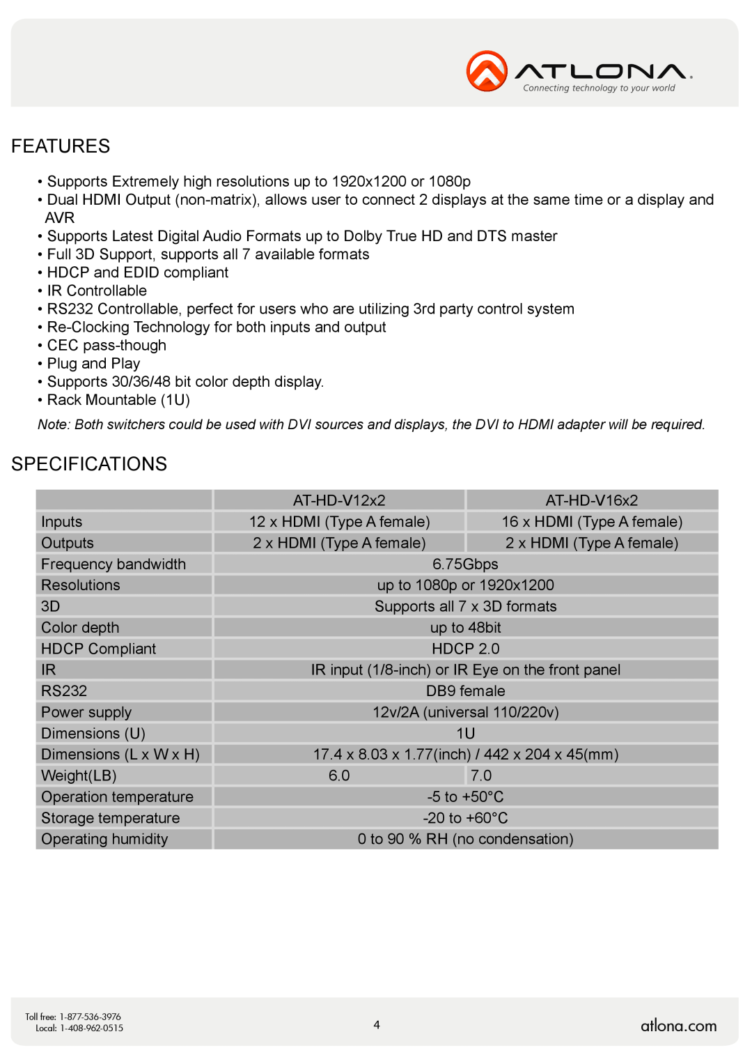 Atlona AT-HD-V16x2, AT-HD-V12x2 user manual Features, Specifications, atlona.com, Hdcp 