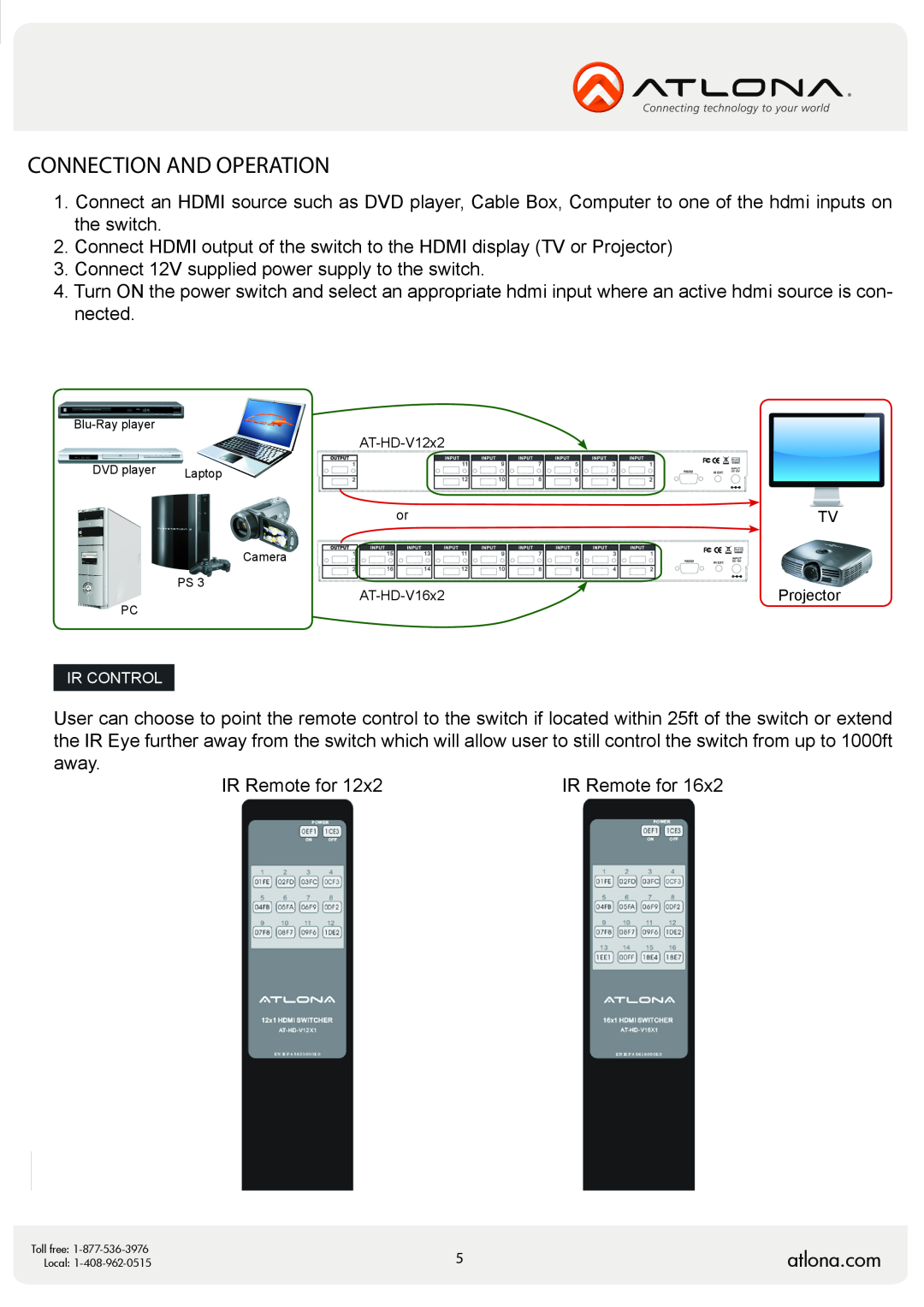 Atlona AT-HD-V12x2, AT-HD-V16x2 user manual Connection And Operation, atlona.com, Projector 