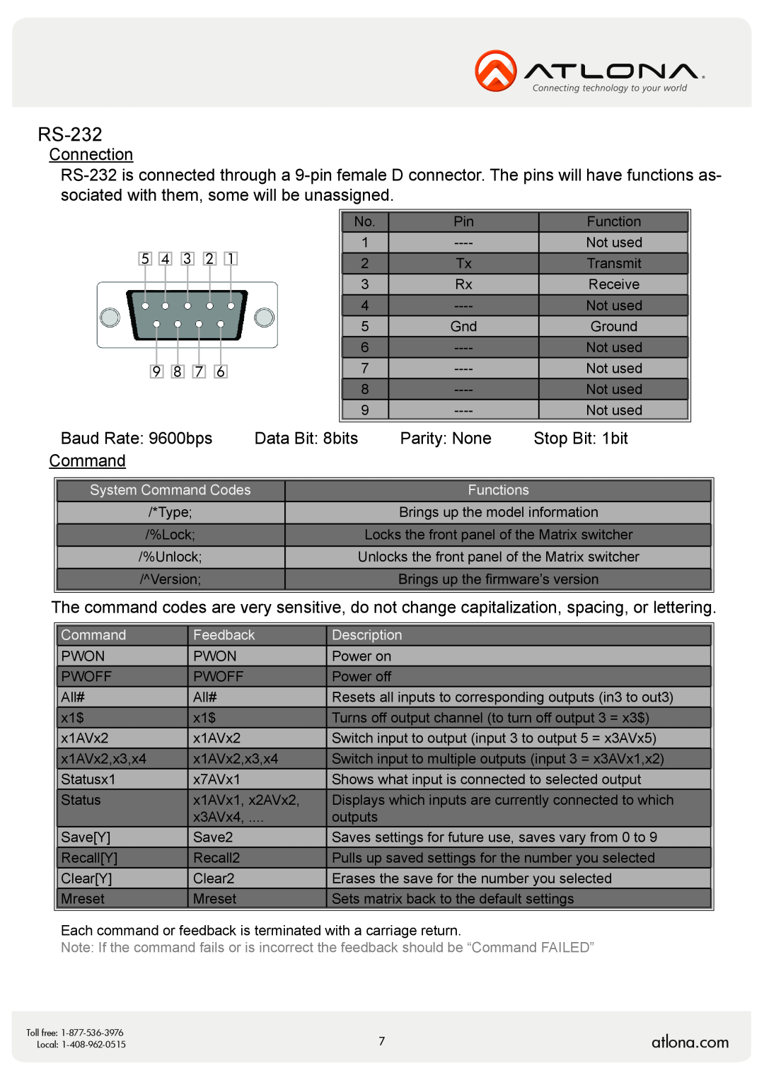 Atlona AT-HD-V12x2, AT-HD-V16x2 user manual RS-232, atlona.com, Functions, Command, Feedback, Description 