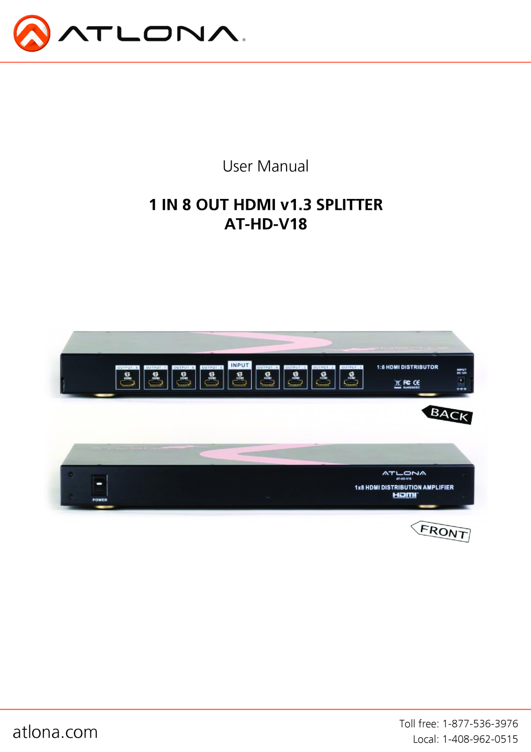 Atlona user manual atlona.com, User Manual, 1 IN 8 OUT HDMI v1.3 SPLITTER AT-HD-V18 