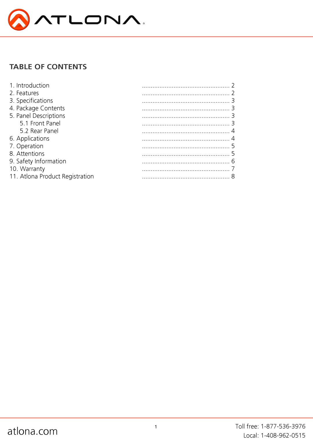 Atlona AT-HD-V18 user manual Table Of Contents, atlona.com 