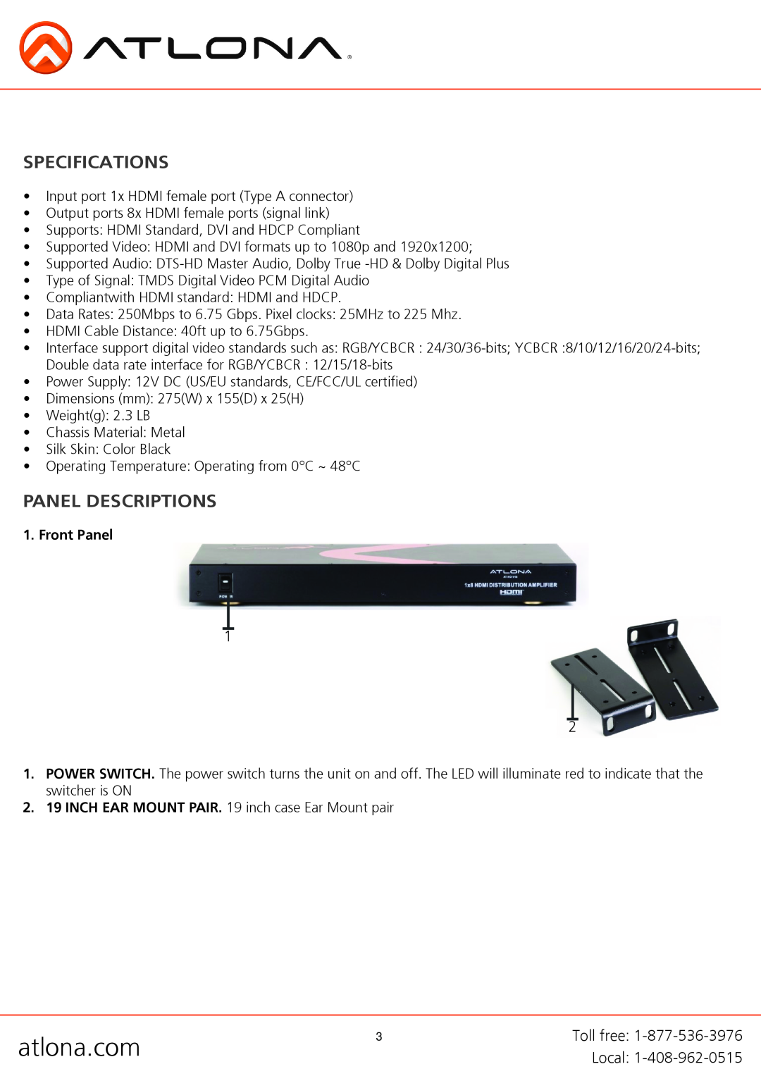 Atlona AT-HD-V18 user manual Specifications, Panel Descriptions, atlona.com, Front Panel 