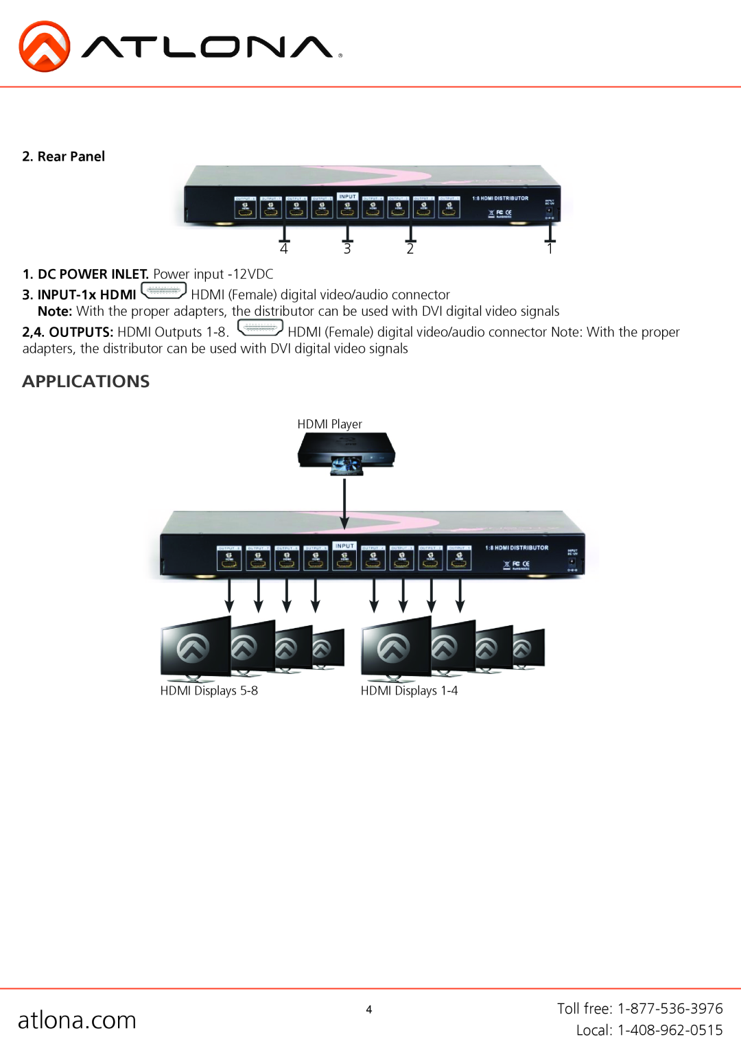 Atlona AT-HD-V18 user manual Applications, atlona.com, Rear Panel 