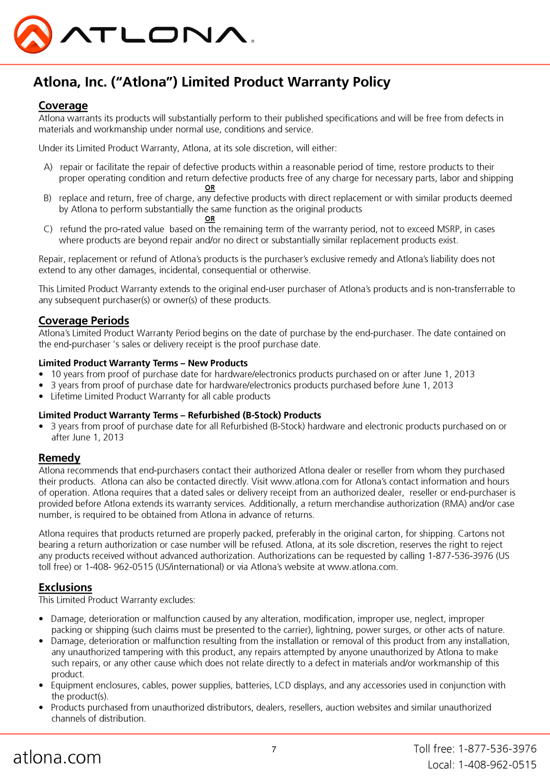 Atlona AT-HD-V18 Atlona, Inc. “Atlona” Limited Product Warranty Policy, Coverage Periods, Remedy, Exclusions 