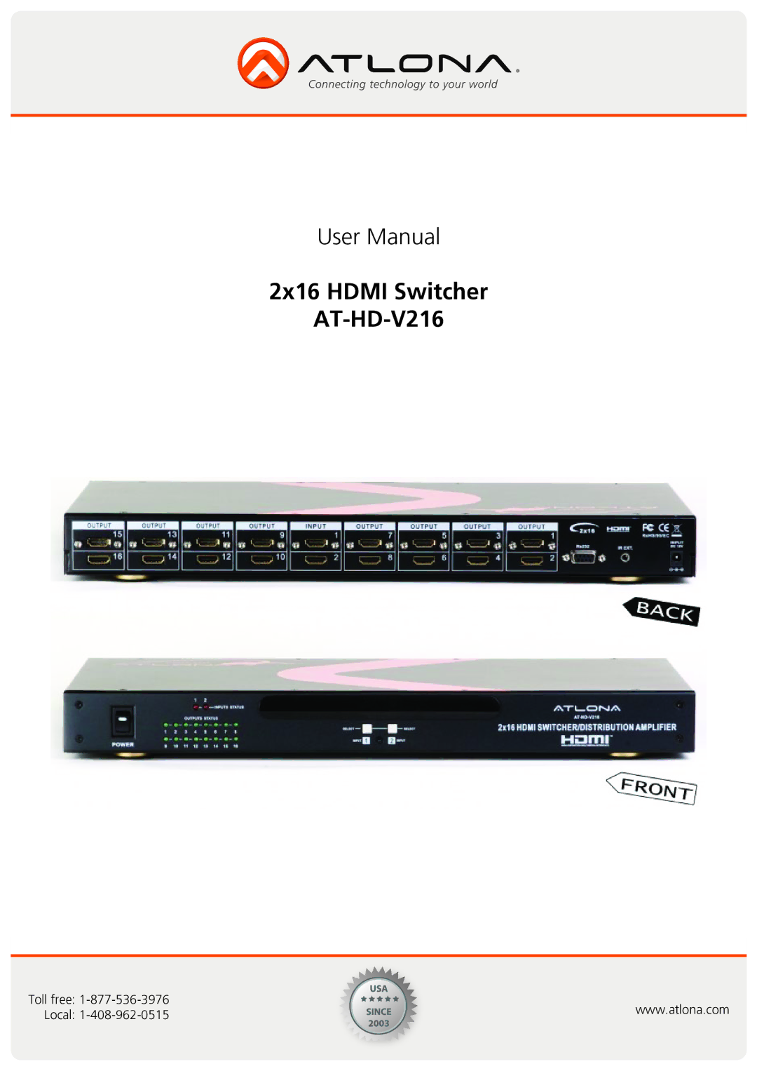 Atlona user manual 2x16 Hdmi Switcher AT-HD-V216 