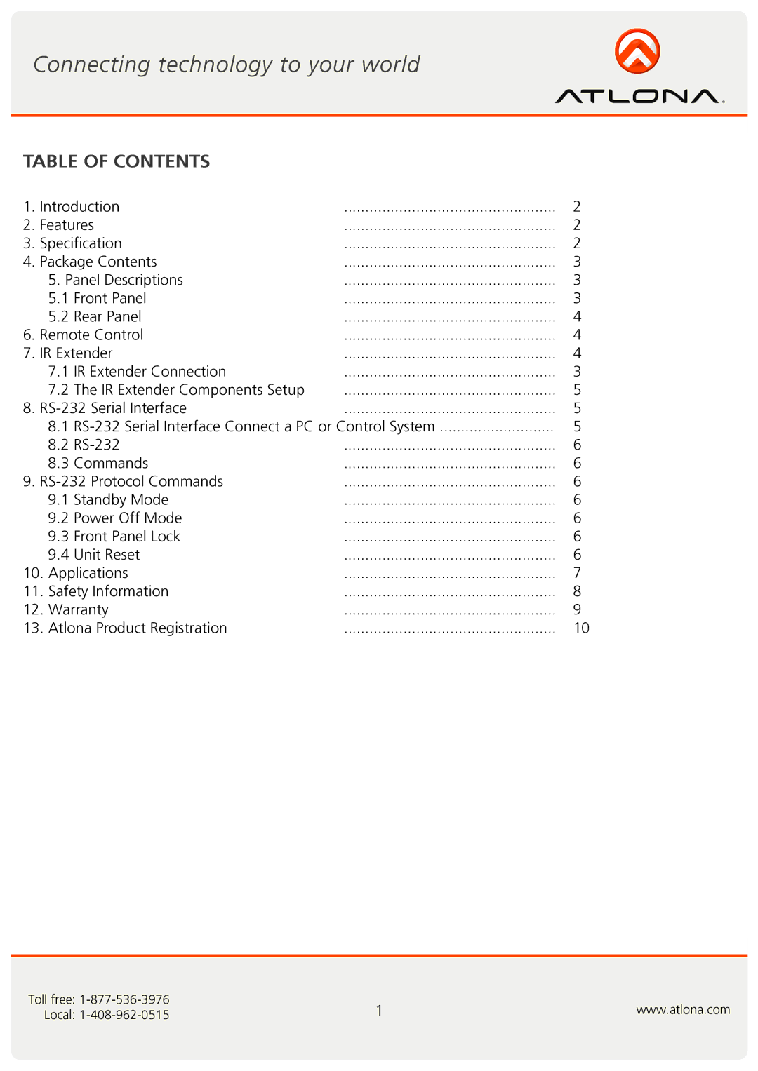 Atlona AT-HD-V216 user manual Table of Contents 