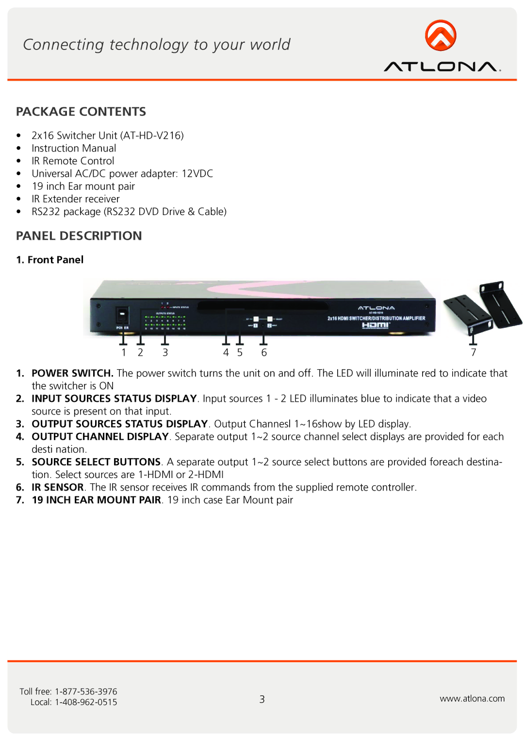 Atlona AT-HD-V216 user manual Package Contents, Panel Description 