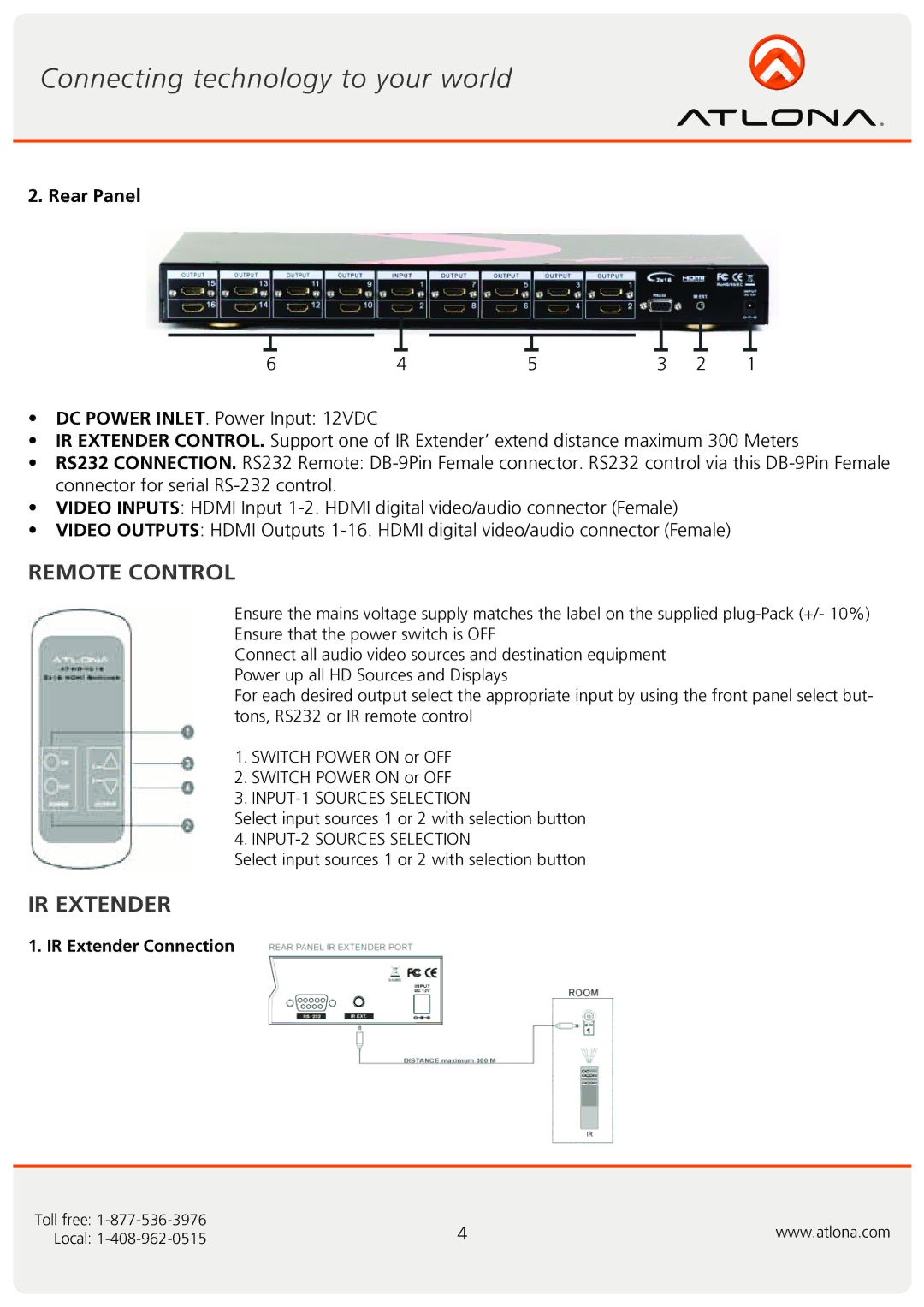 Atlona AT-HD-V216 user manual Remote Control, IR Extender, Rear Panel 