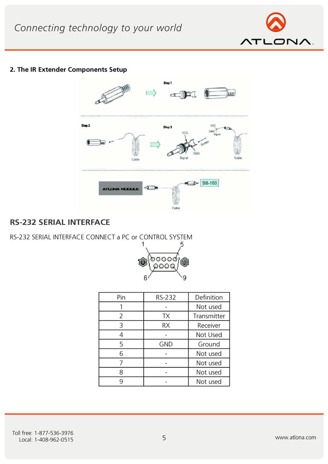 Atlona AT-HD-V216 user manual RS-232 Serial Interface, IR Extender Components Setup 