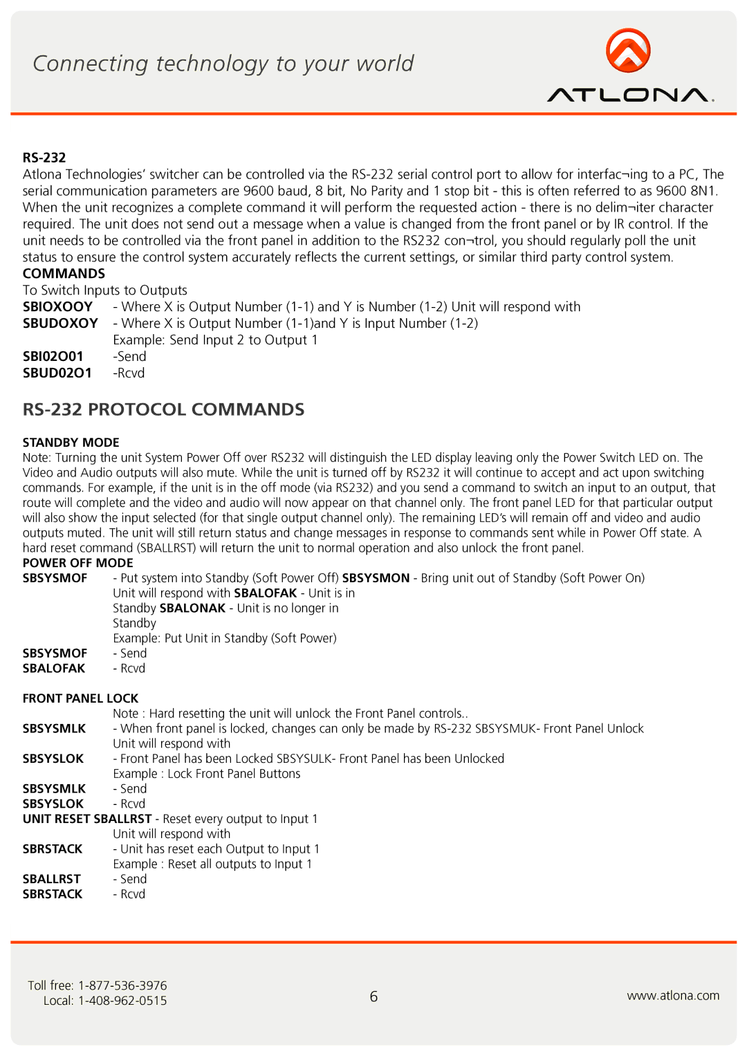 Atlona AT-HD-V216 user manual RS-232 Protocol Commands 