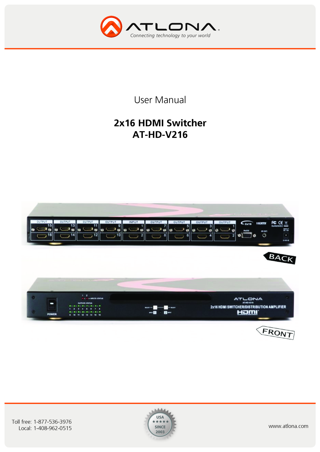 Atlona user manual 2x16 HDMI Switcher AT-HD-V216 