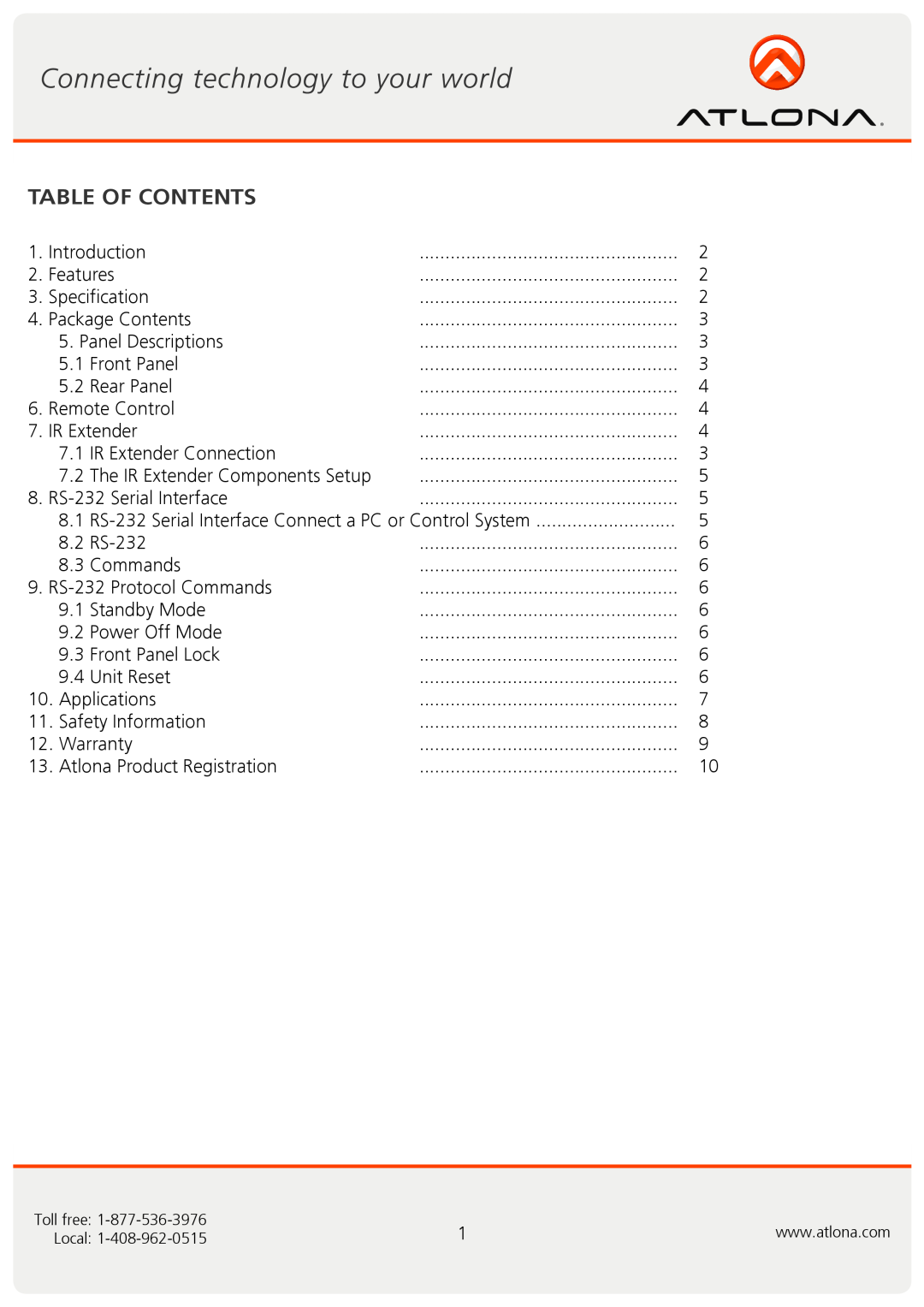 Atlona AT-HD-V216 user manual Table Of Contents 