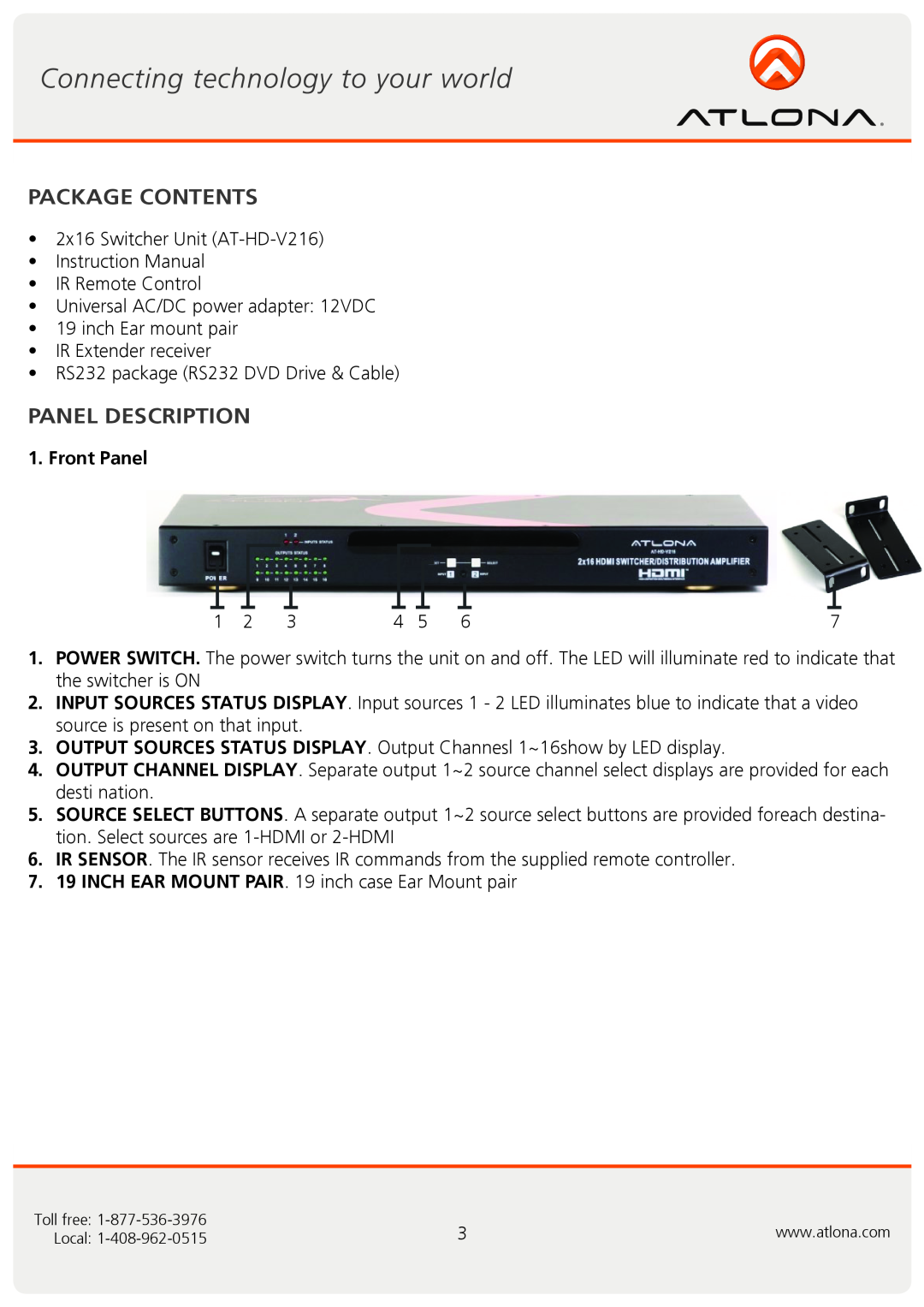 Atlona AT-HD-V216 user manual Package Contents, Panel Description, Front Panel 
