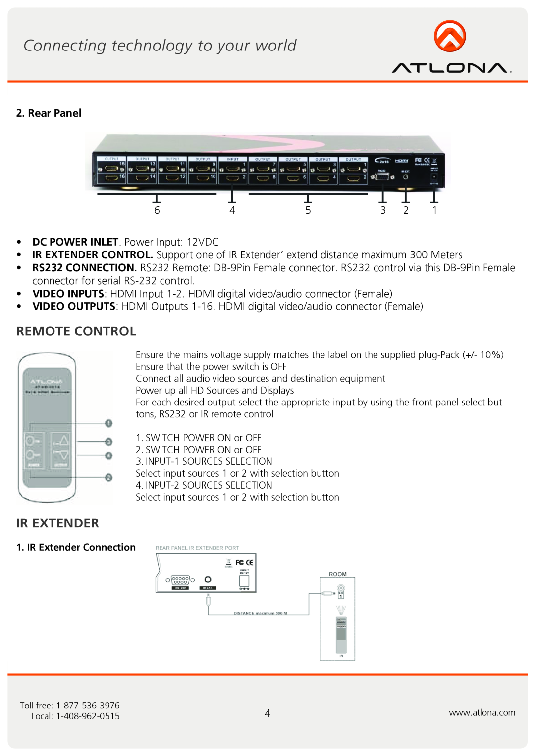 Atlona AT-HD-V216 user manual Remote Control, Ir Extender, Rear Panel 