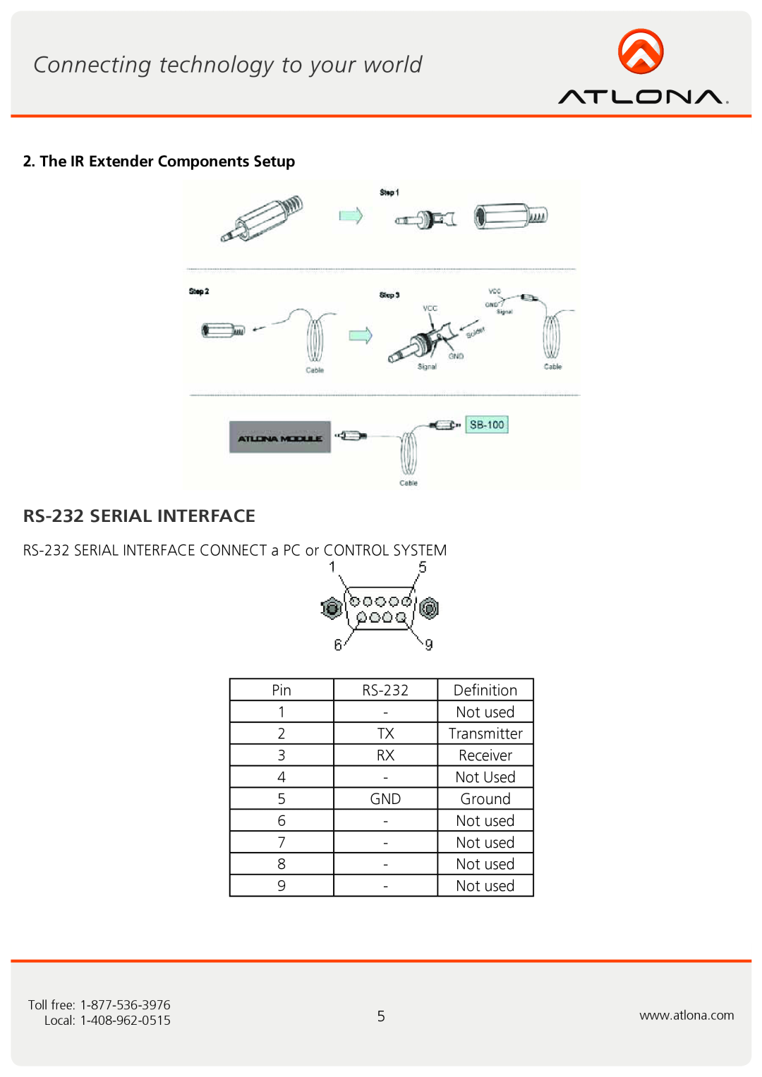 Atlona AT-HD-V216 user manual RS-232SERIAL INTERFACE, The IR Extender Components Setup 