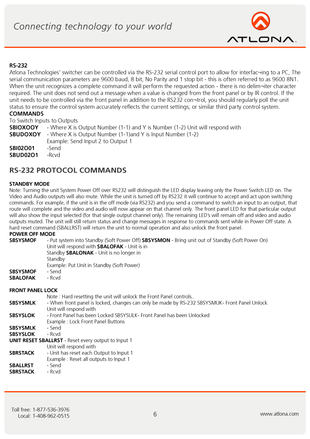 Atlona AT-HD-V216 user manual RS-232PROTOCOL COMMANDS, Commands, SBUD02O1 -Rcvd 