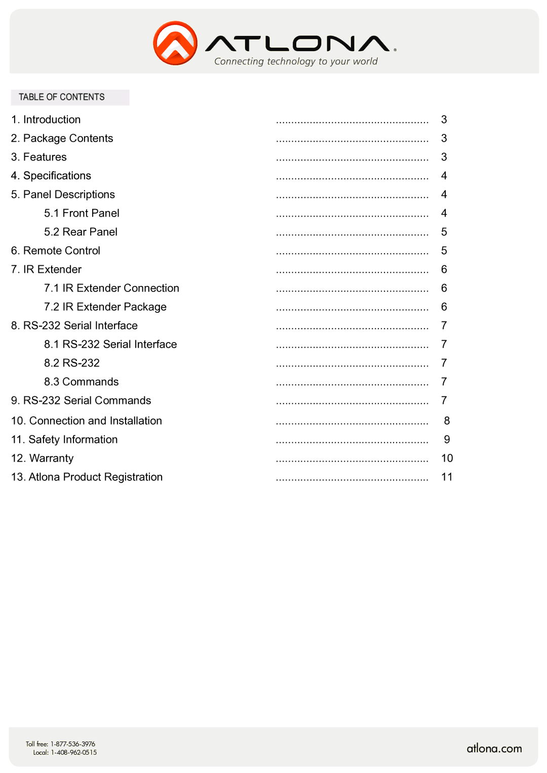 Atlona AT-HD-V22M user manual Table of Contents 