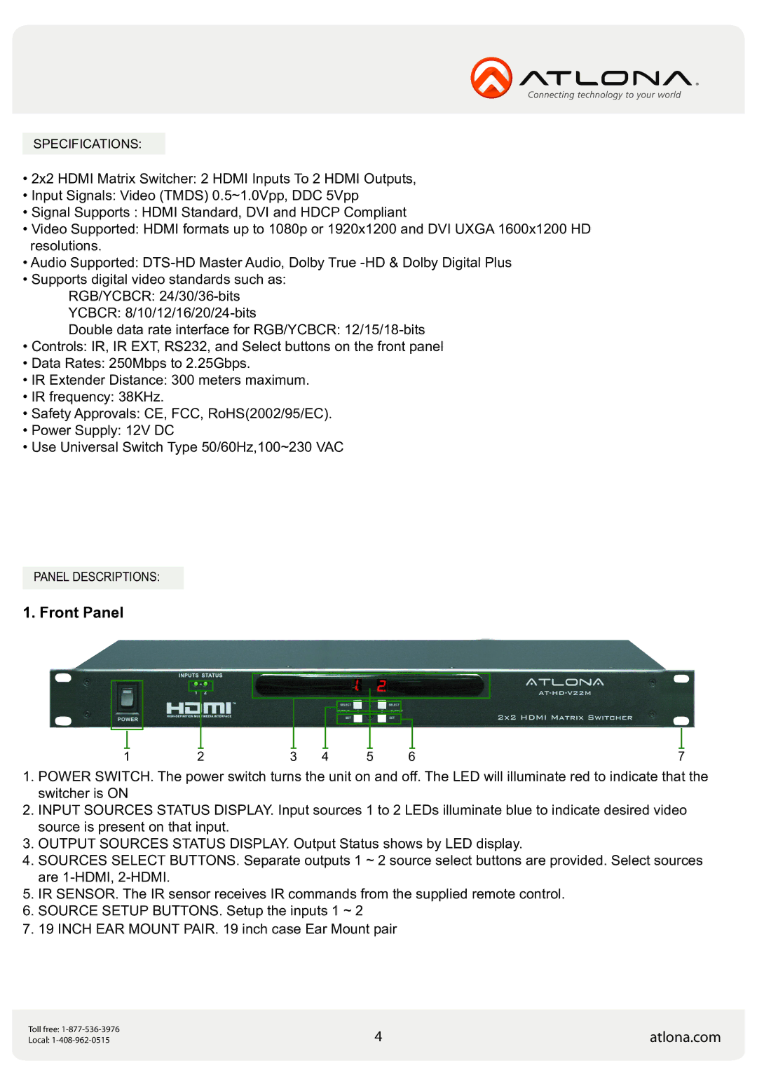 Atlona AT-HD-V22M user manual Front Panel 