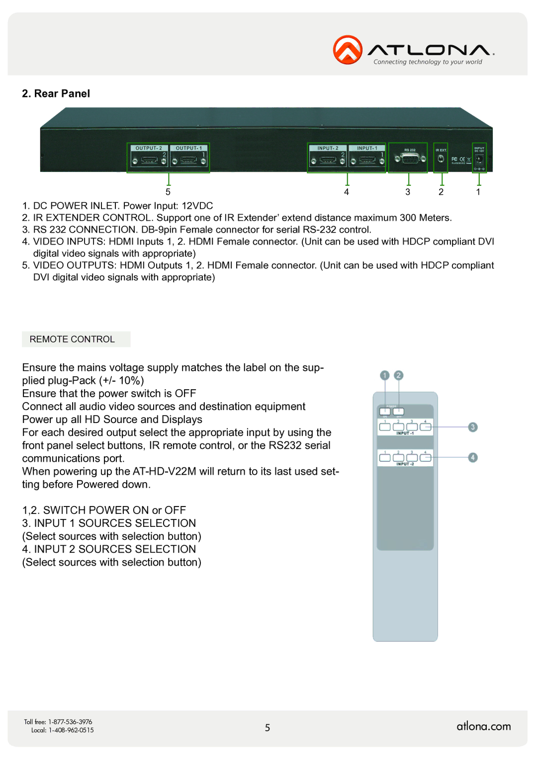 Atlona AT-HD-V22M user manual Rear Panel 